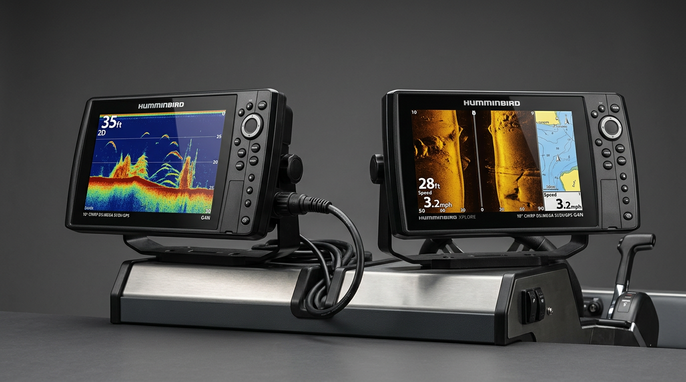 Two Humminbird XPLORE 10 fish finder units side by side, one with CMSI+ transducer attached and one as control head only