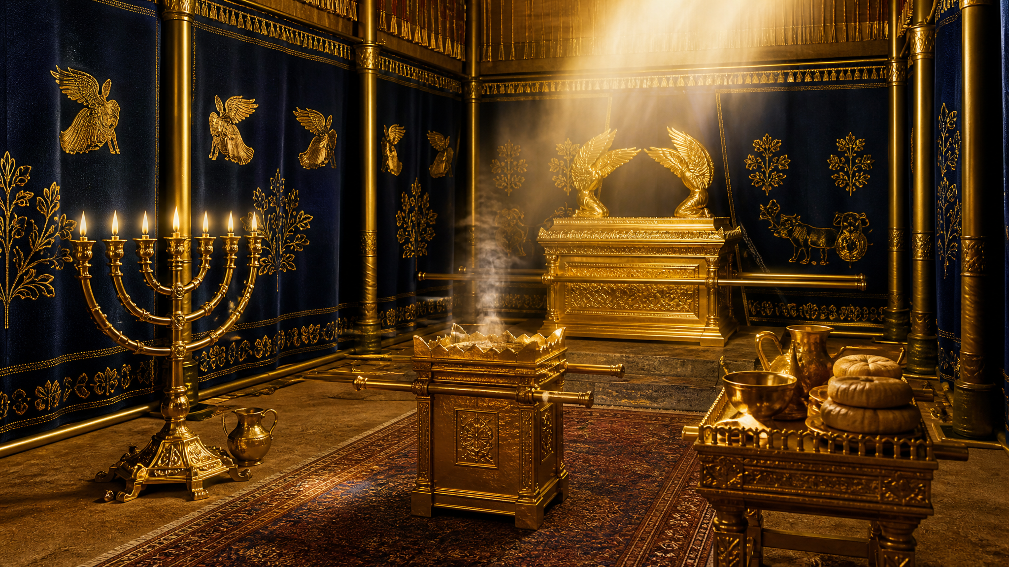 Biblical sanctuary with golden furnishings