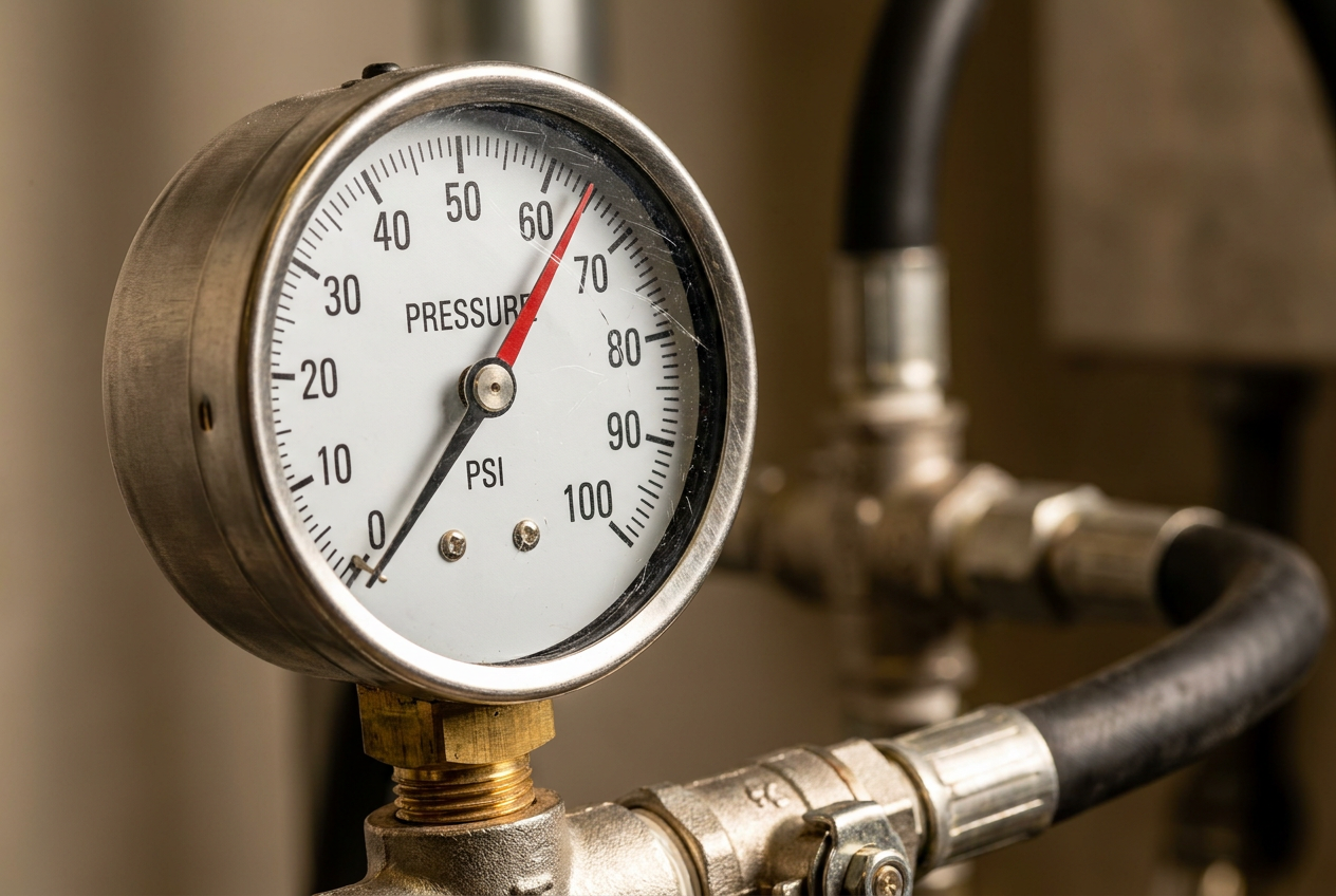 Precision pressure gauge showing gas line test results