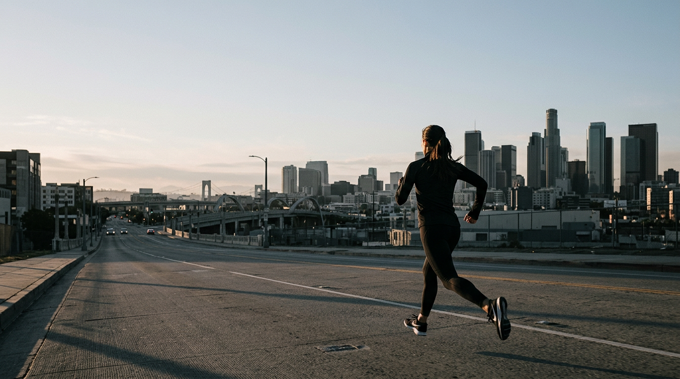 ELEV8 runner on an open urban road at sunrise