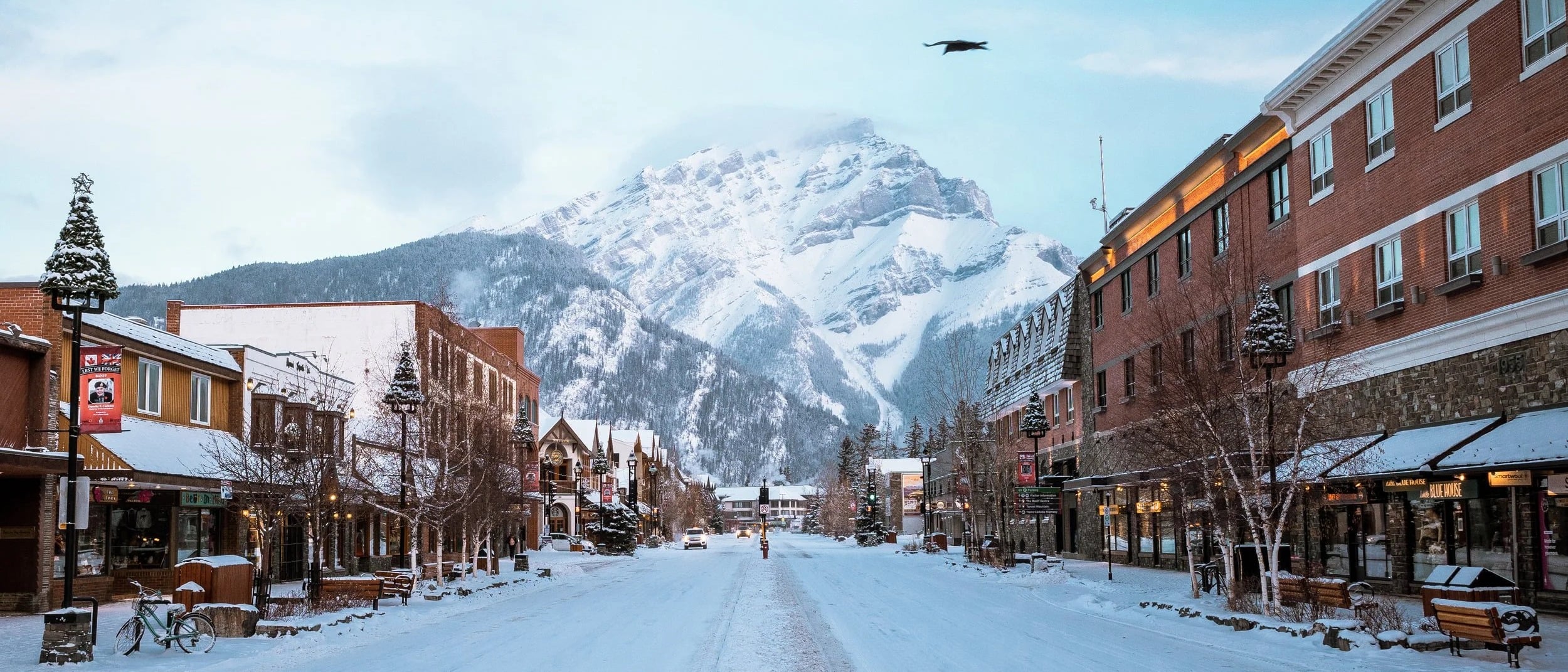 Banff Avenue in winter with Cascade Mountain