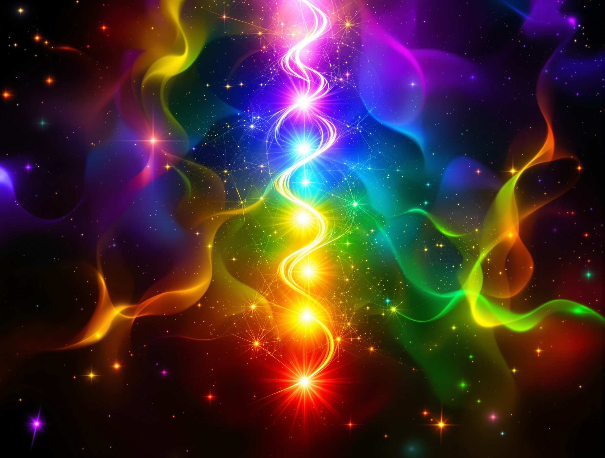 Vizuelni prikaz energetskih centara (čakri) u telu kroz svetlosni tok različitih boja koji prolazi vertikalno kroz telo