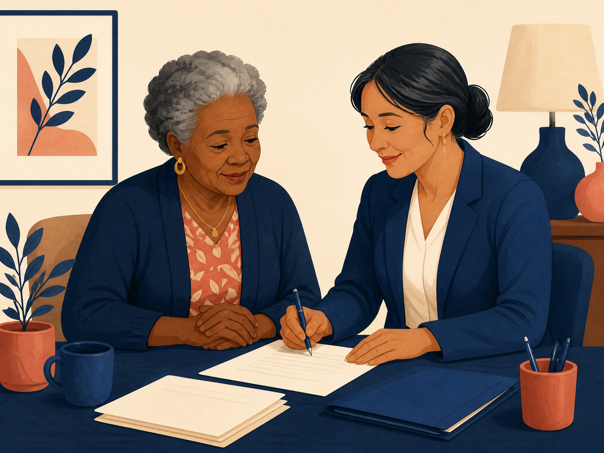 A surviving spouse at a dining table with an accredited advocate calmly completing VA survivor benefit forms together