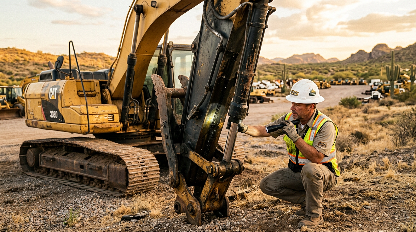 Buyer inspecting the hydraulic cylinders of a used excavator