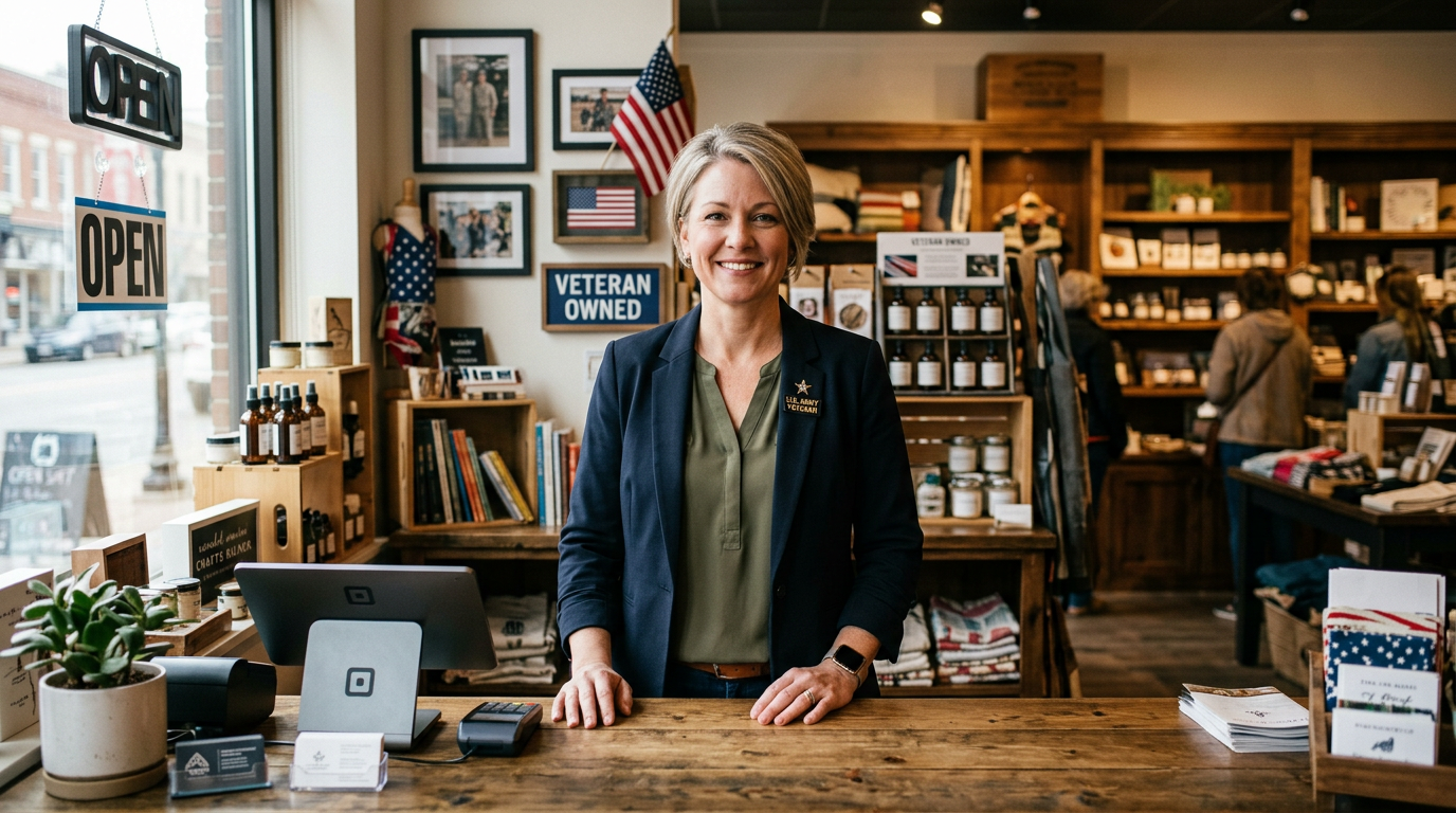 Woman veteran small business owner in her storefront