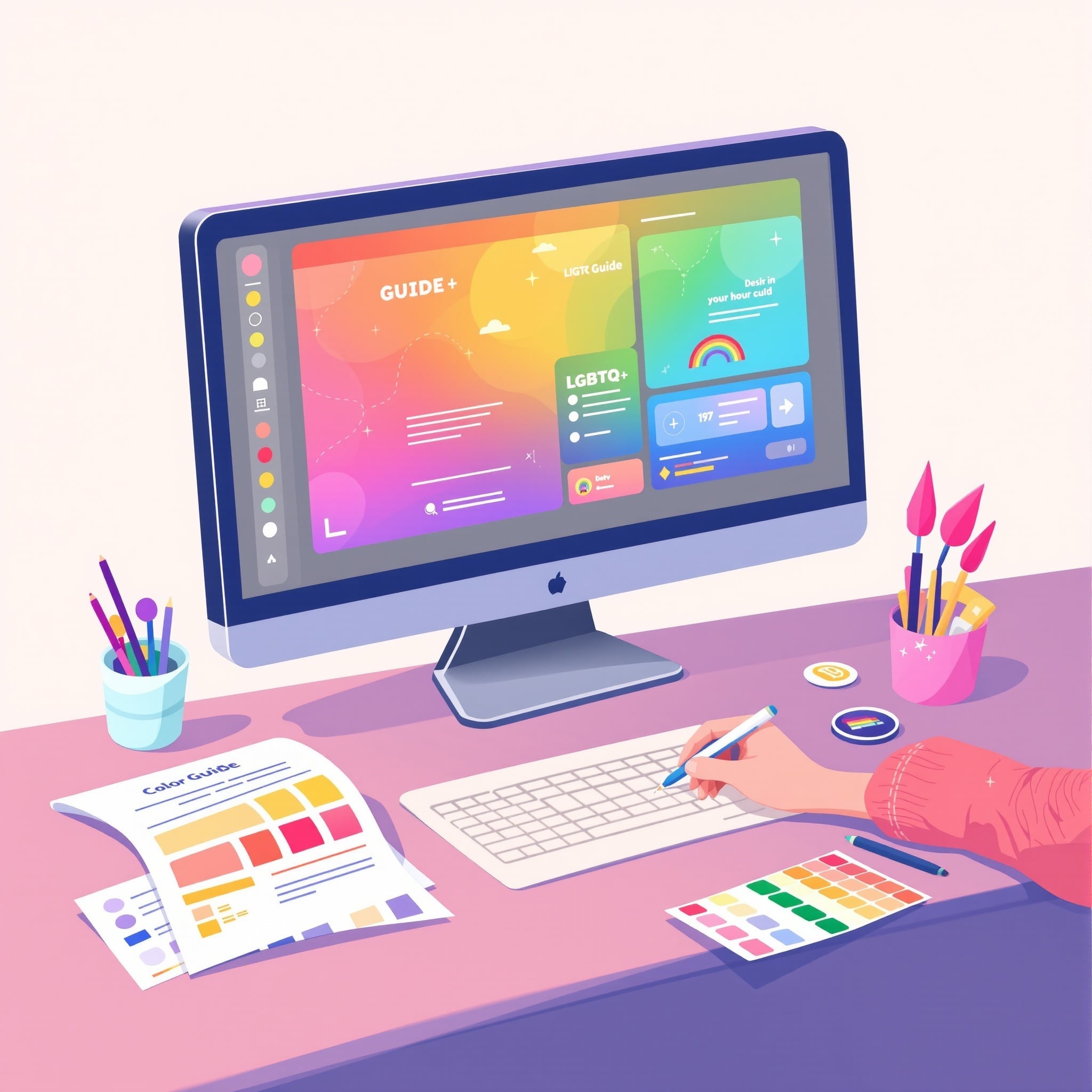 Illustration of a designer creating a colorful LGBTQ+ guide layout with design tools