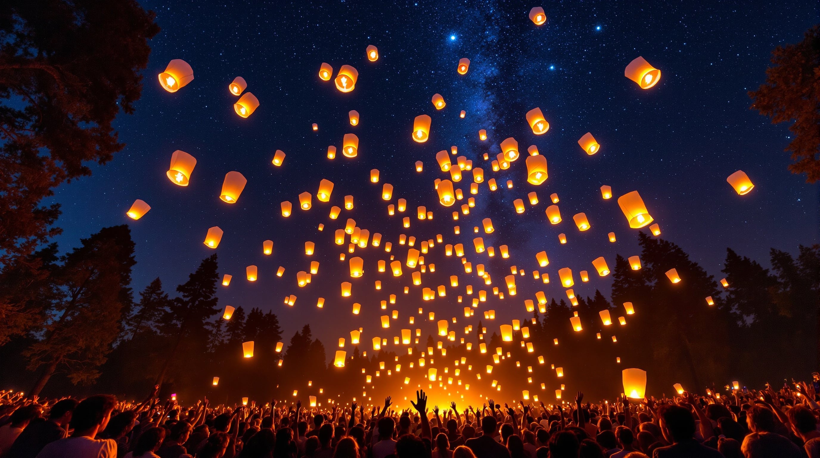 Festival closing ceremony with paper lanterns released into starry night sky