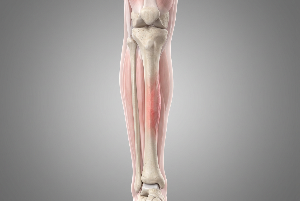 Three-dimensional anatomical render of the lower leg with a reddened band of inflammation running along the inner-rear border of the shin bone