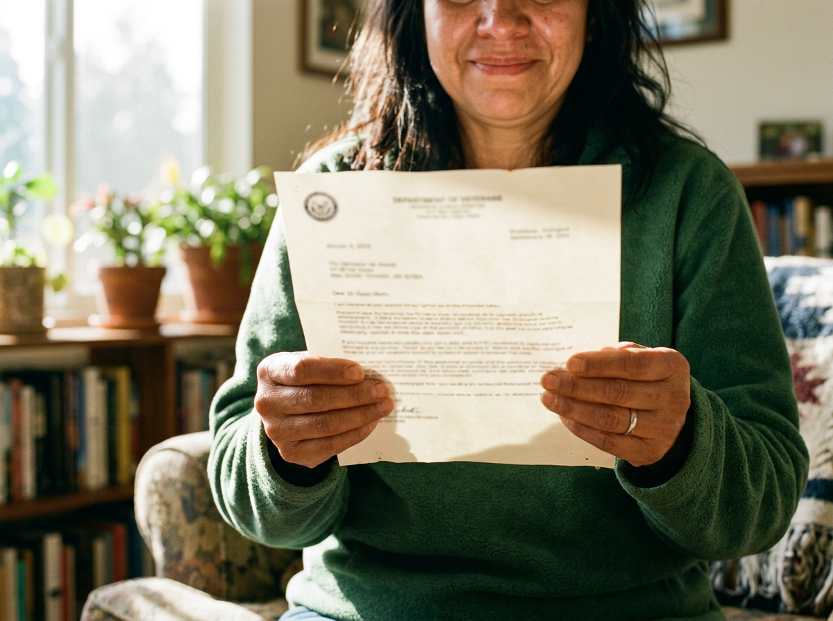A veteran holding a VA approval letter in her living room