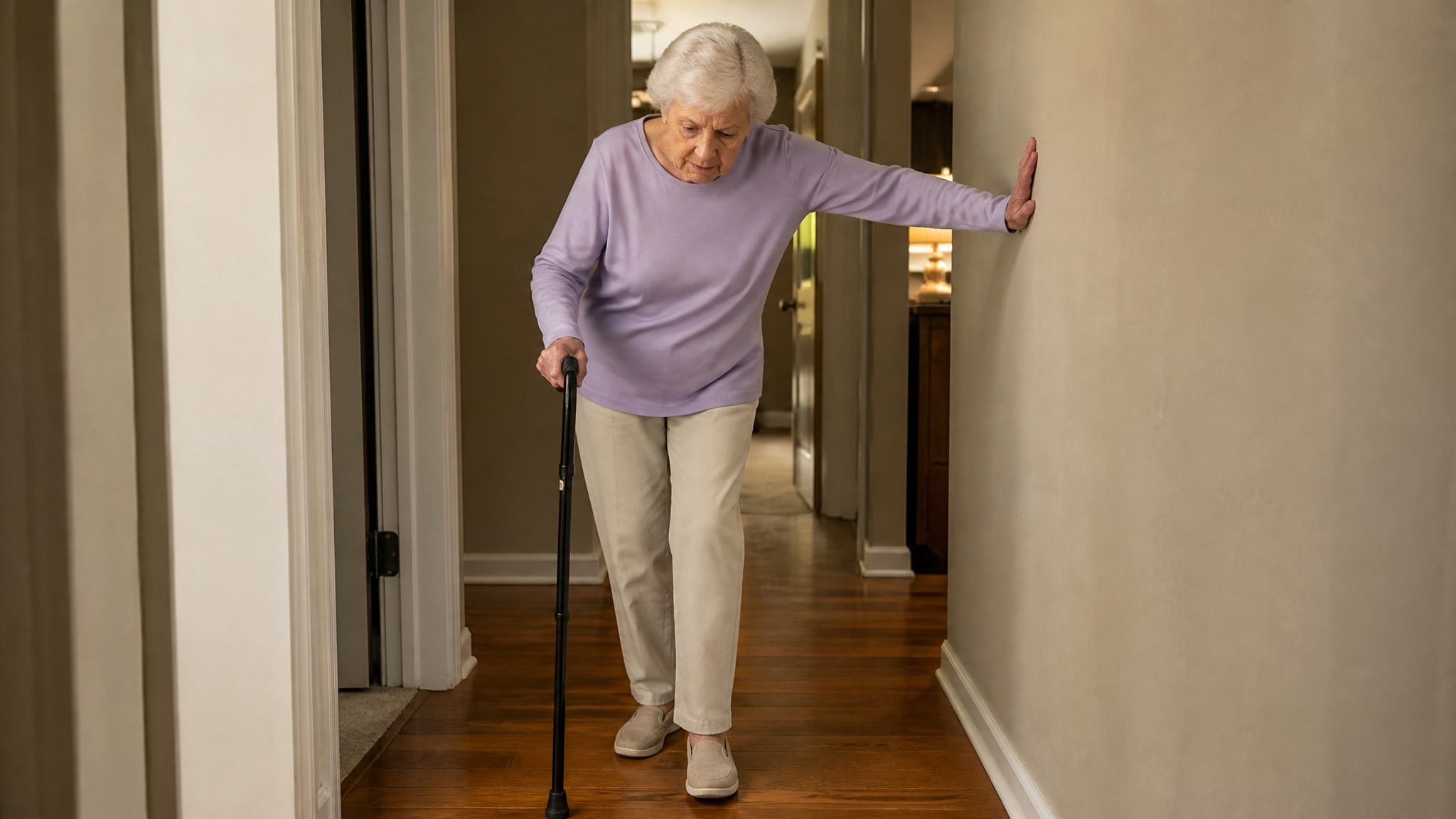 Photograph of an older person steadying themselves with a cane and one hand on a hallway wall, one leg held rigid