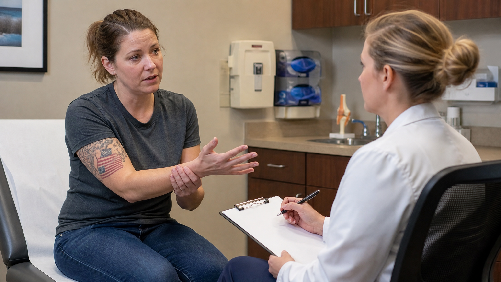 A veteran discussing hand dominance with a clinician who is noting it on a clipboard in a clinical exam room