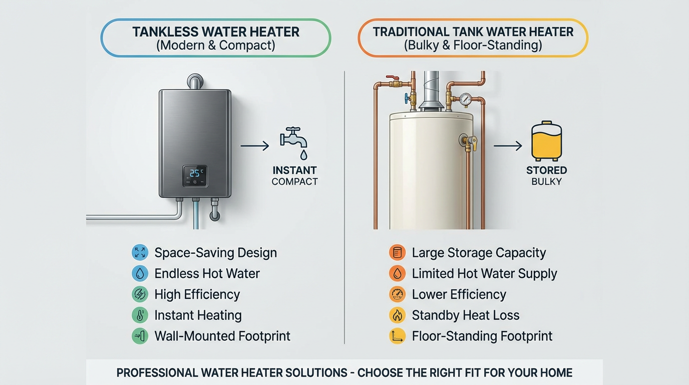 Infographic comparing tankless and traditional tank water heaters side by side for San Antonio homes
