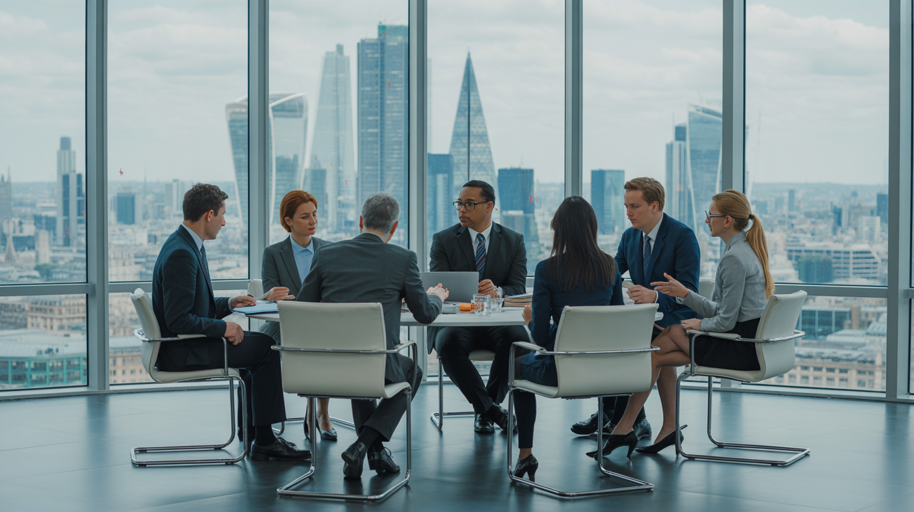 Professional business meeting in a high-rise London office with diverse team of regulatory affairs experts
