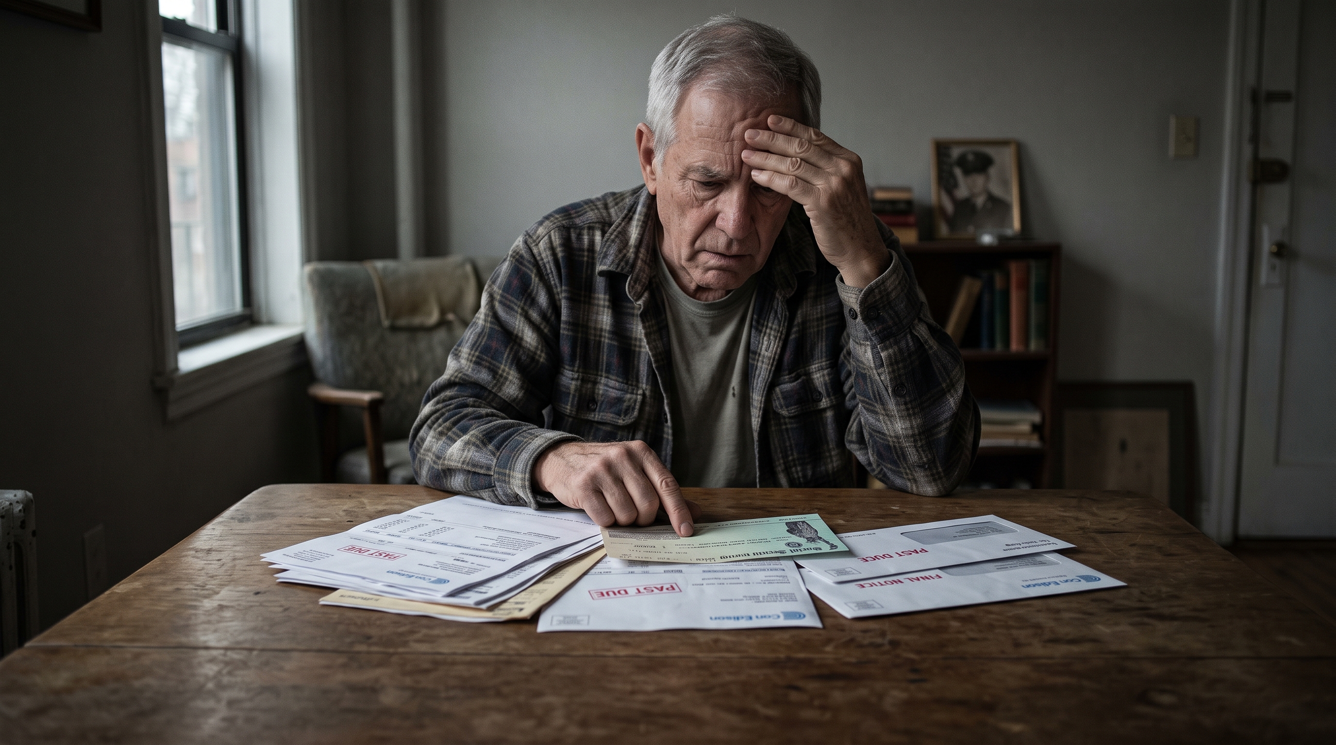 Older veteran looking worried over a stack of bills and a small Social Security check