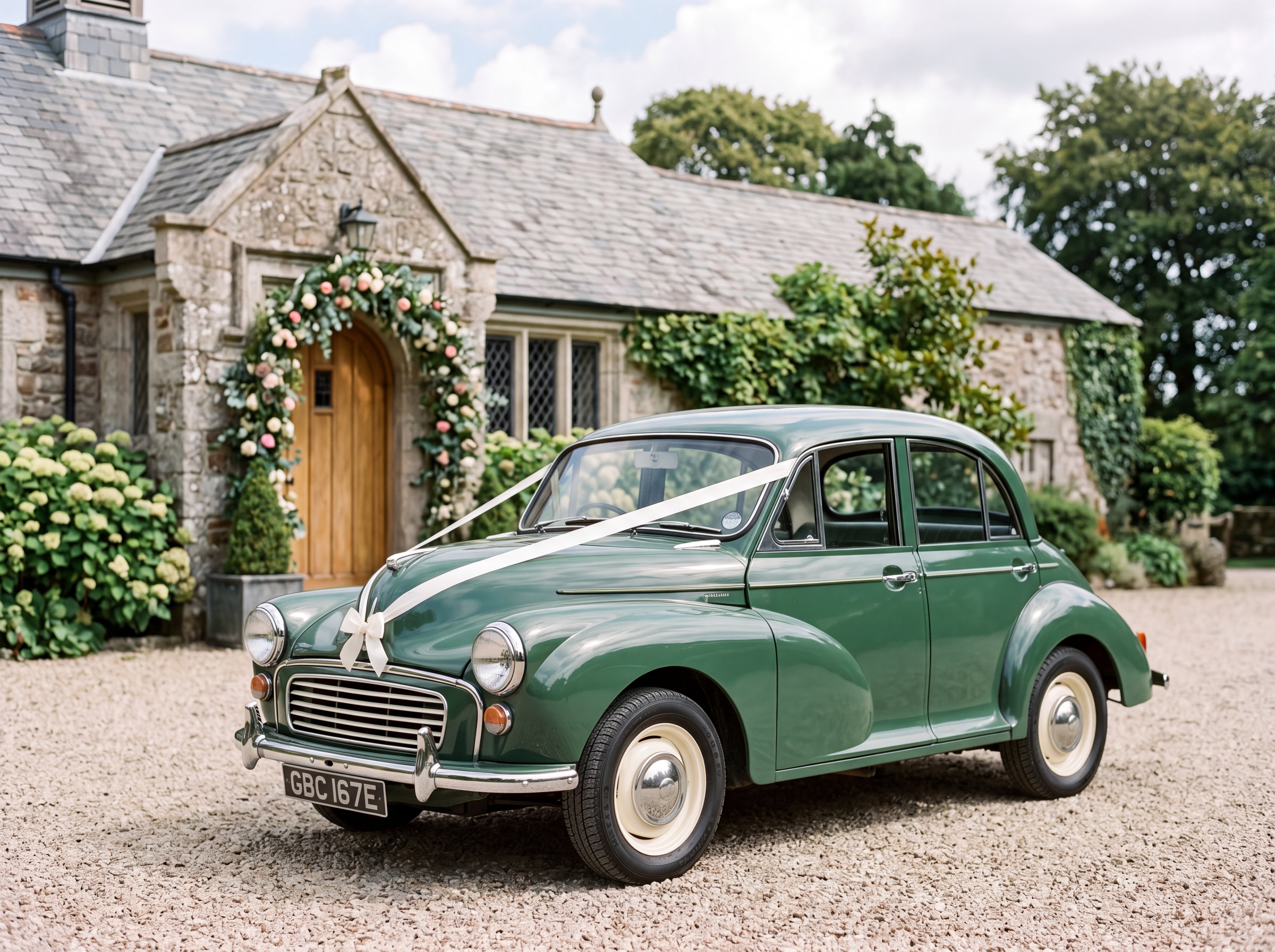 1967 green Morris Minor with a white wedding ribbon outside a Cornish stone venue