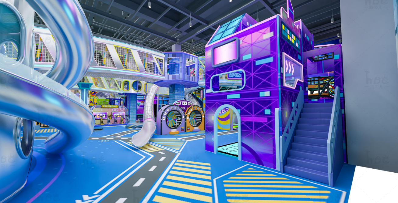 Indoor playground with purple and blue structures, slides, and interactive play