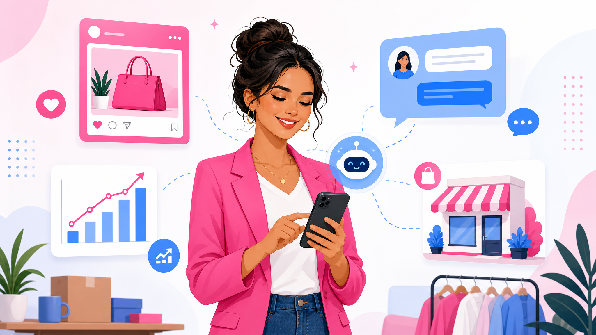 Emprendedora usando inteligencia artificial en su celular para crear contenido y atender clientes de su negocio