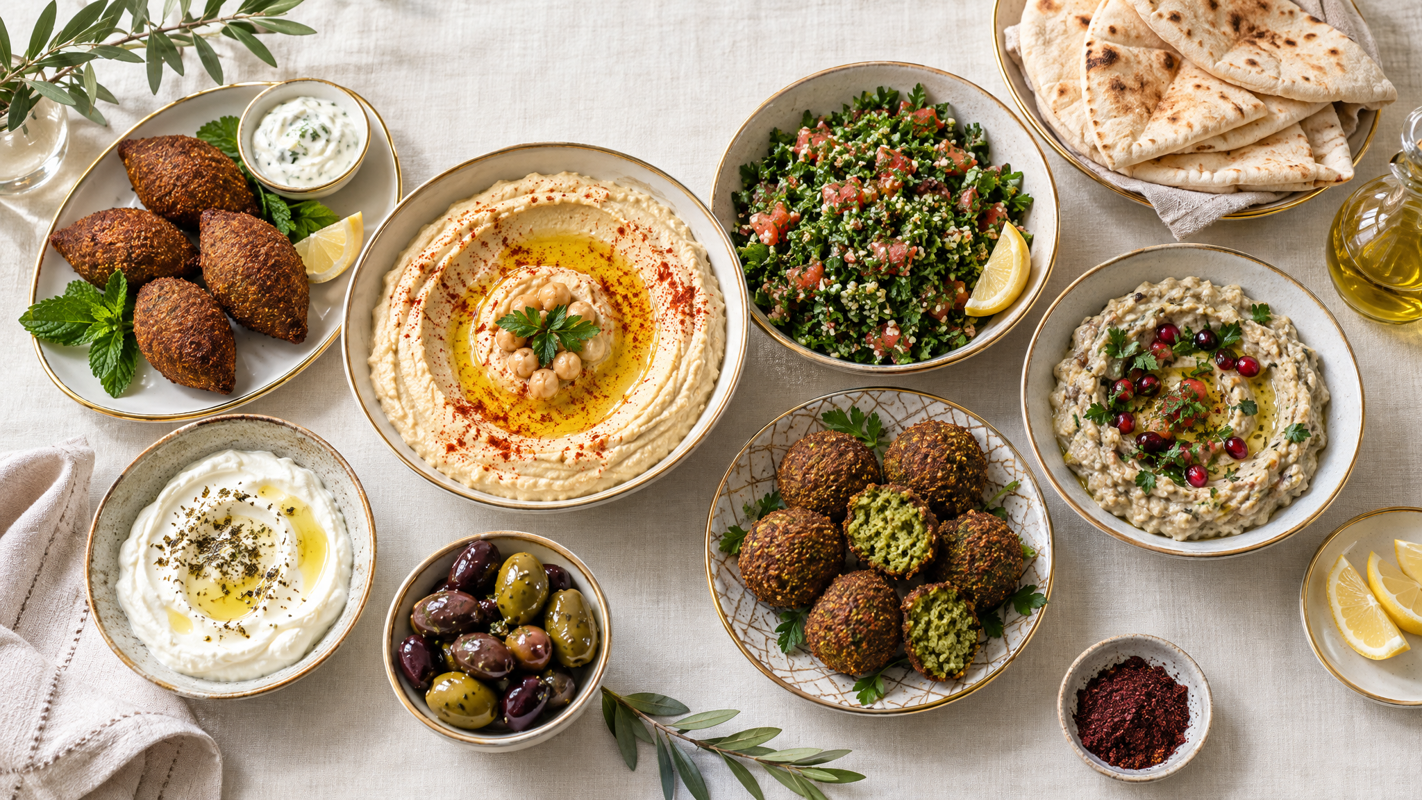 Mezze libanés con hummus, tabule, kibbe y pan pita