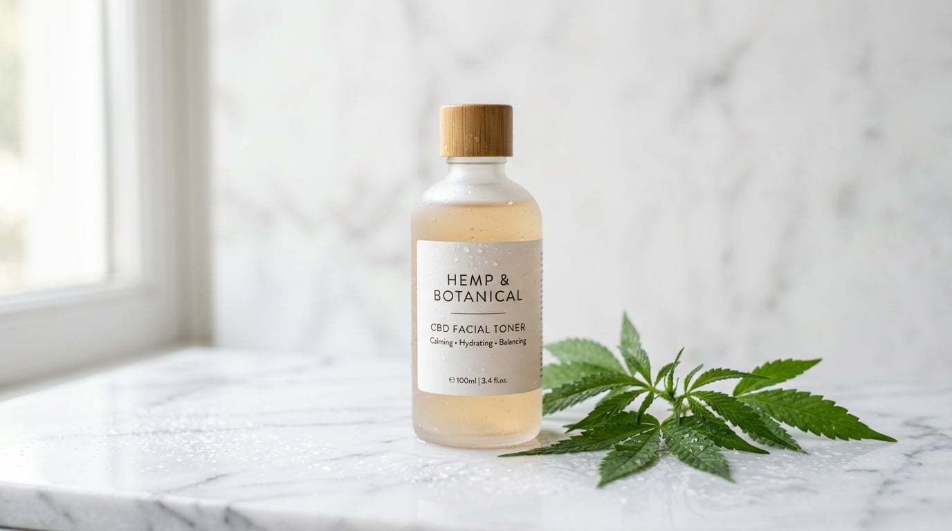 CBD toner bottle with hemp leaves on white marble surface - natural skincare