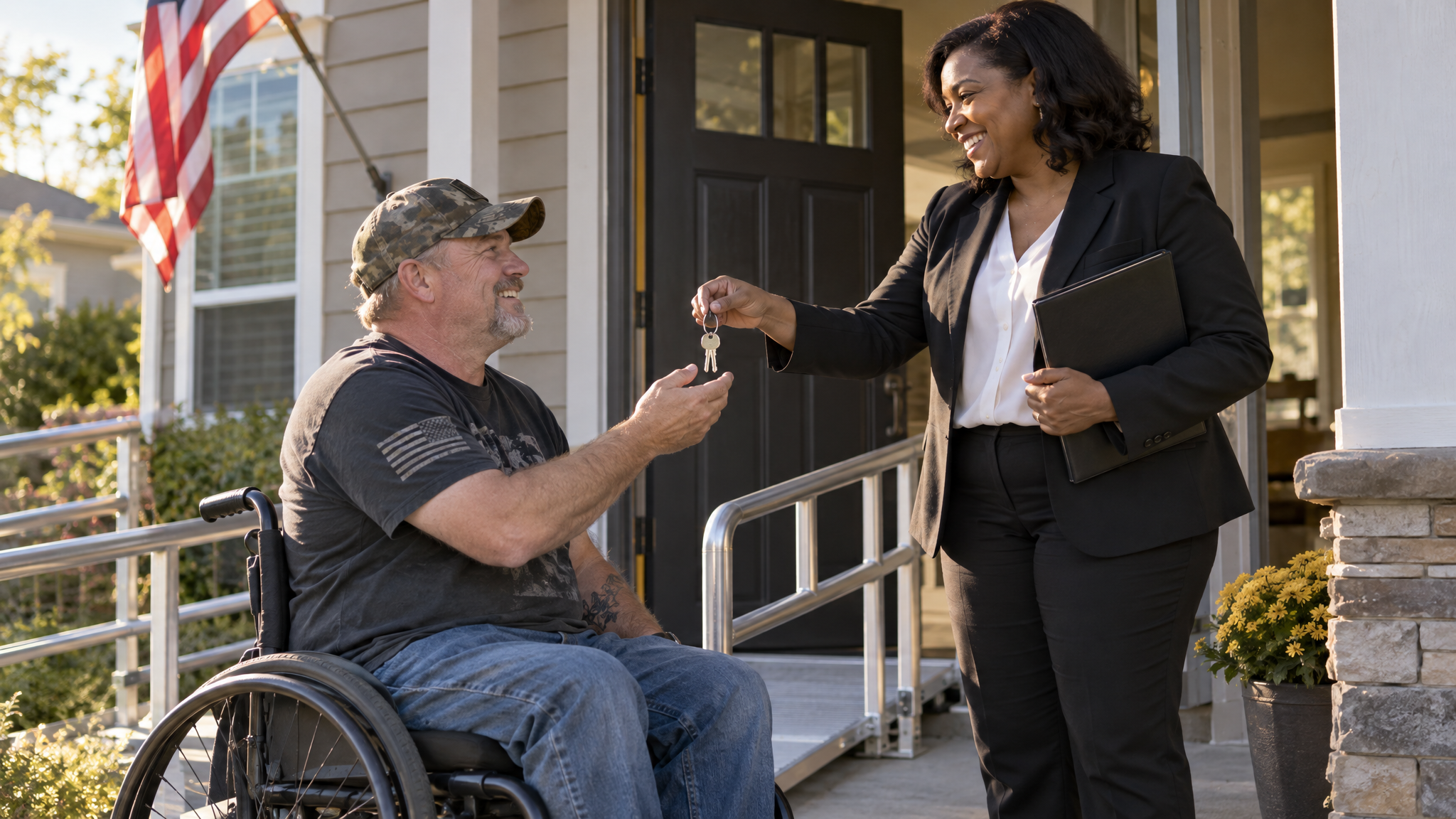 Disability waives the fee: a veteran in a wheelchair receiving the keys to his new home