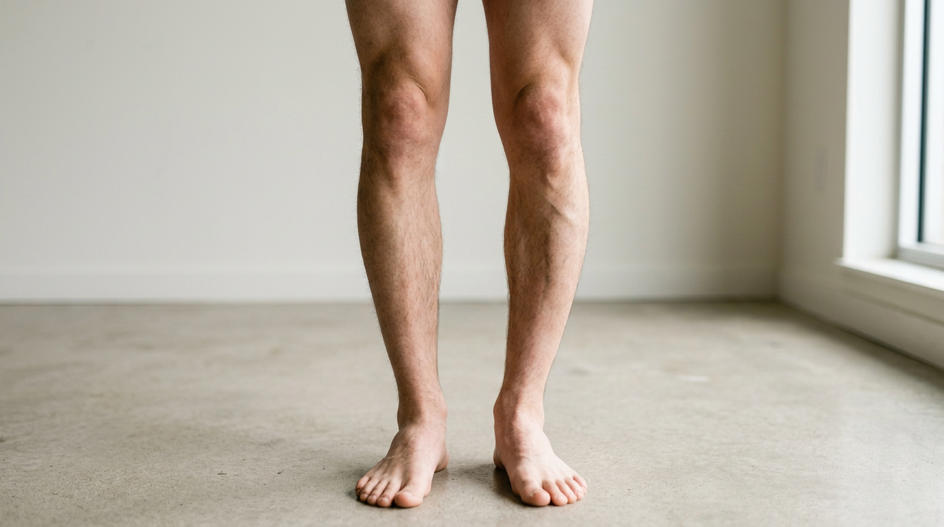 Photograph of two bare lower legs seen from the front, one visibly bowed and angled compared to the straight other leg