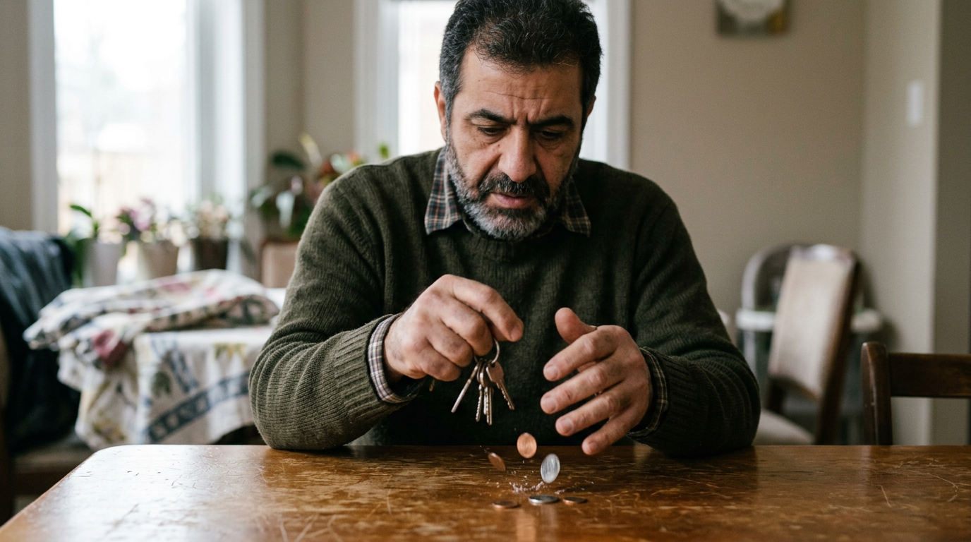 Middle Eastern male veteran in his 50s fumbling and dropping keys and coins, showing loss of fine motor control