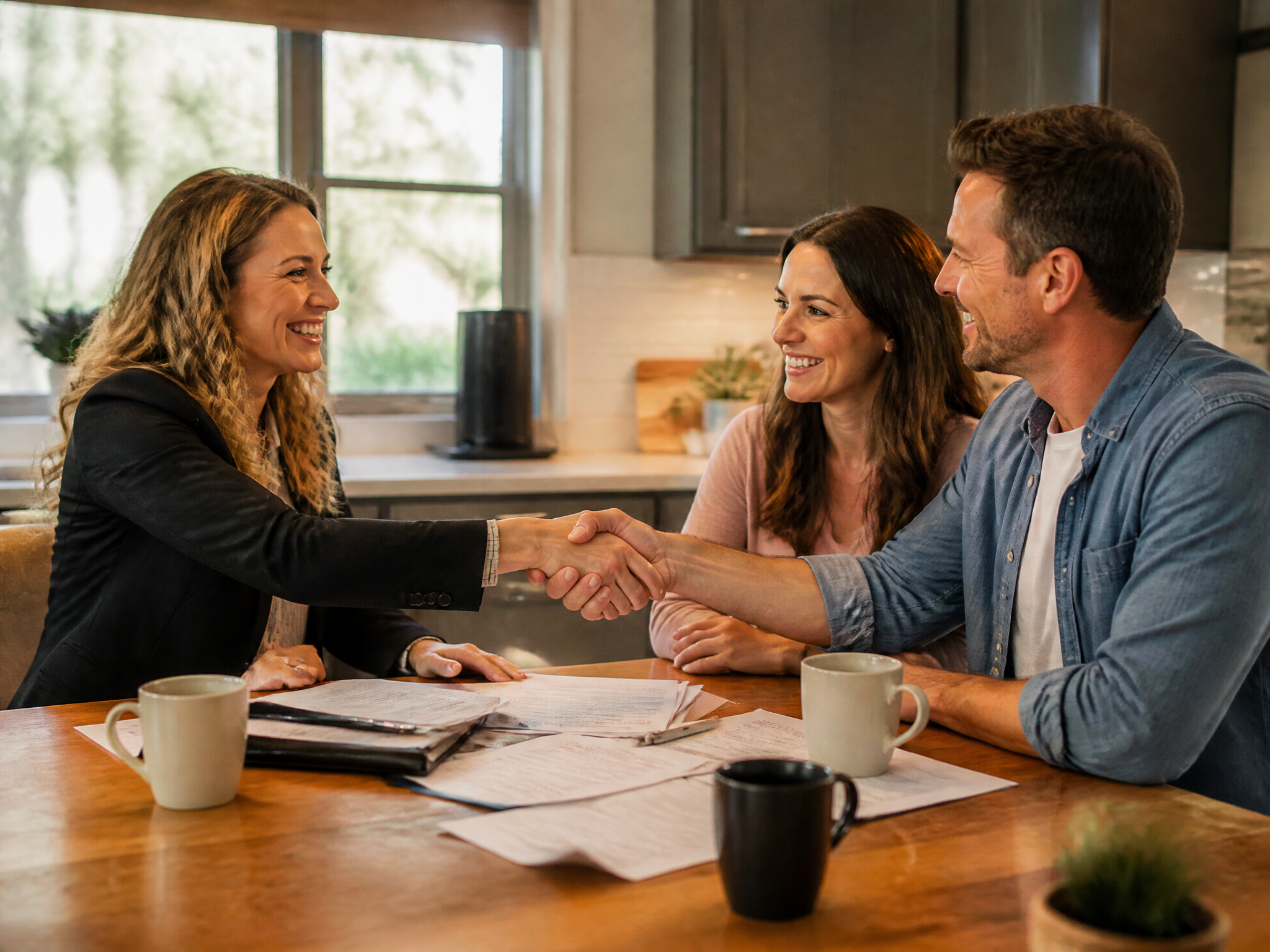 A friendly team member helping homeowners at their kitchen table