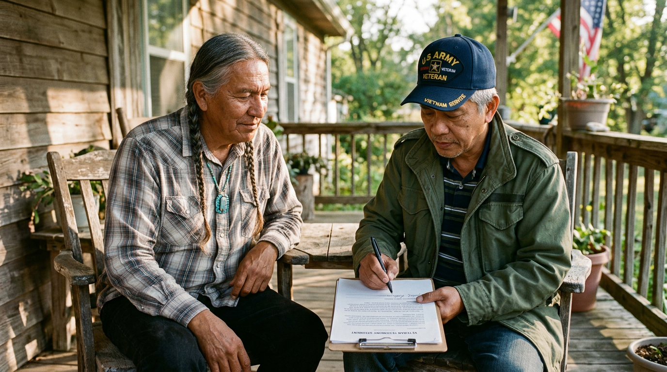 A fellow veteran signing a buddy statement on a clipboard on a porch