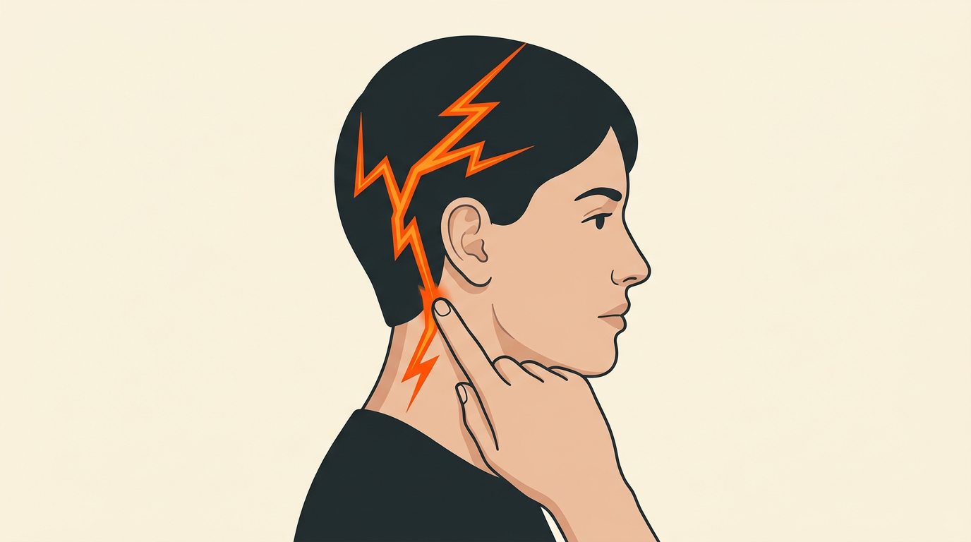 A clean medical illustration of a person pointing to the base of the skull as a hot-orange electric bolt shoots up the back of the head over the scalp