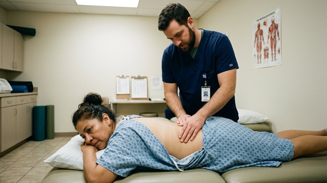 A woman veteran receiving a lower-back examination from a physiotherapist