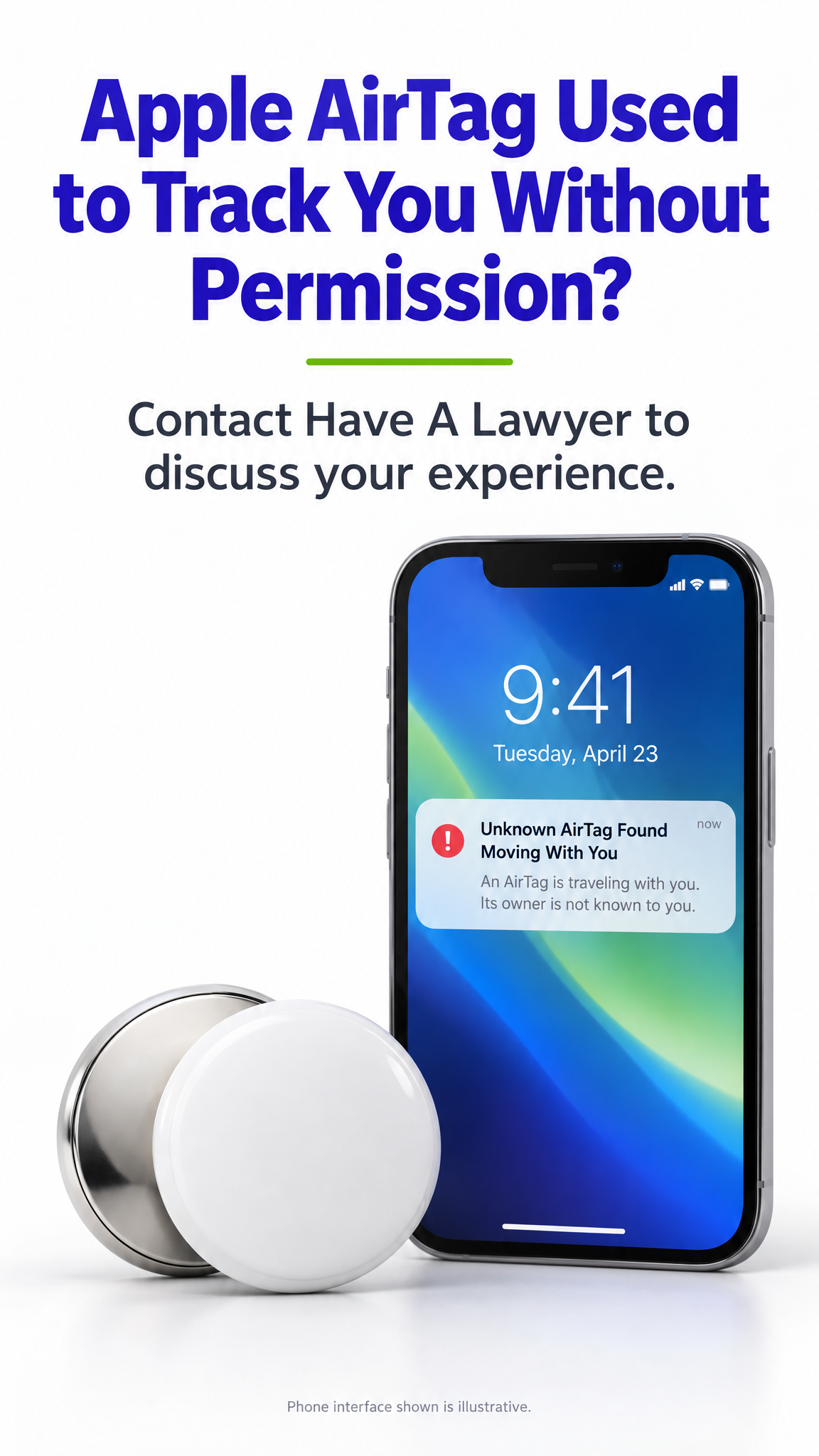 Apple AirTag Used to Track You Without Permission? Contact Have A Lawyer to discuss your experience. Phone interface shown is illustrative.