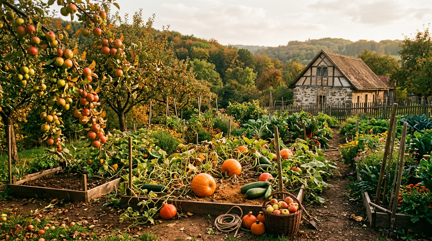 September garden — a autumn scene in a temperate Central European vegetable garden