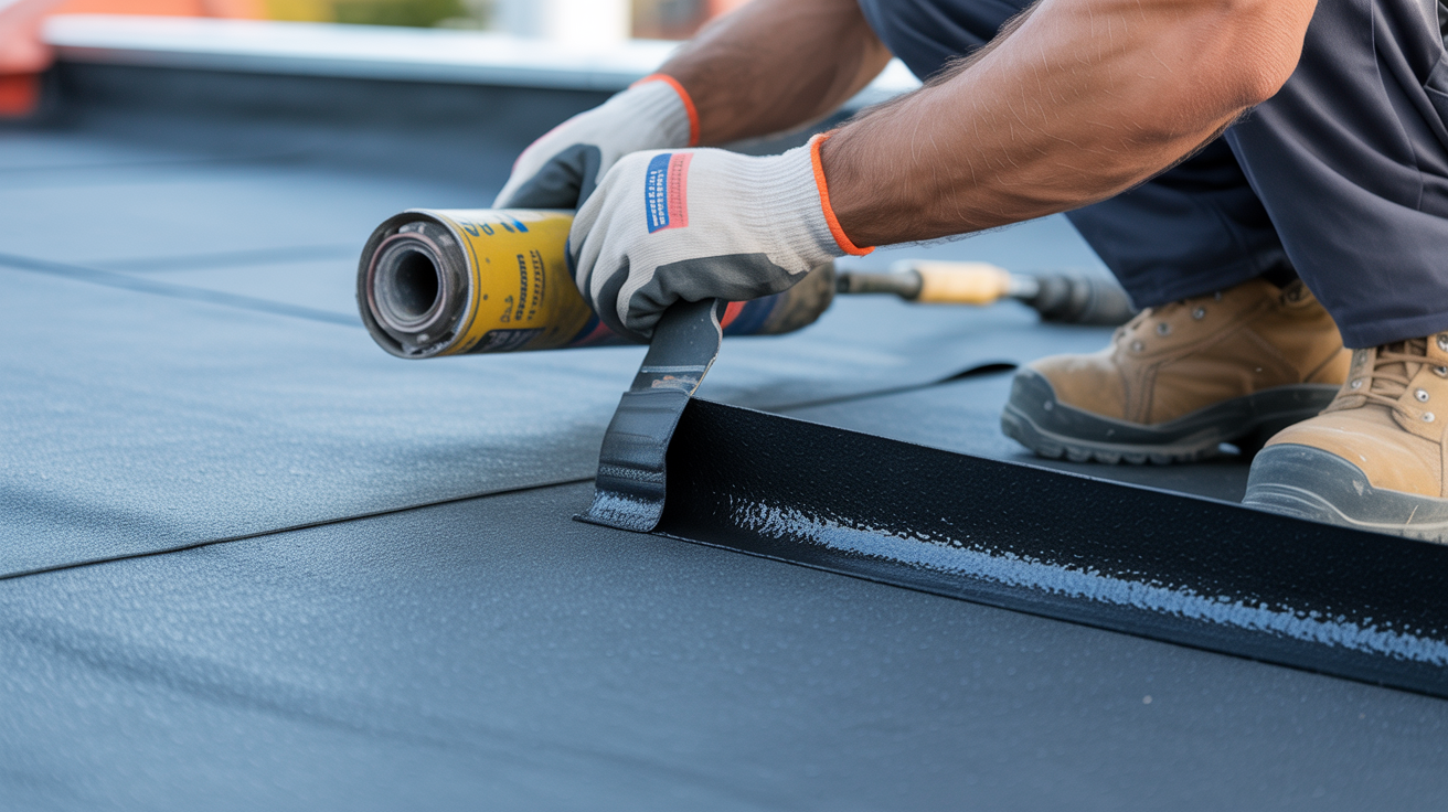 Close-up of flat roof repair work showing skilled craftsmanship
