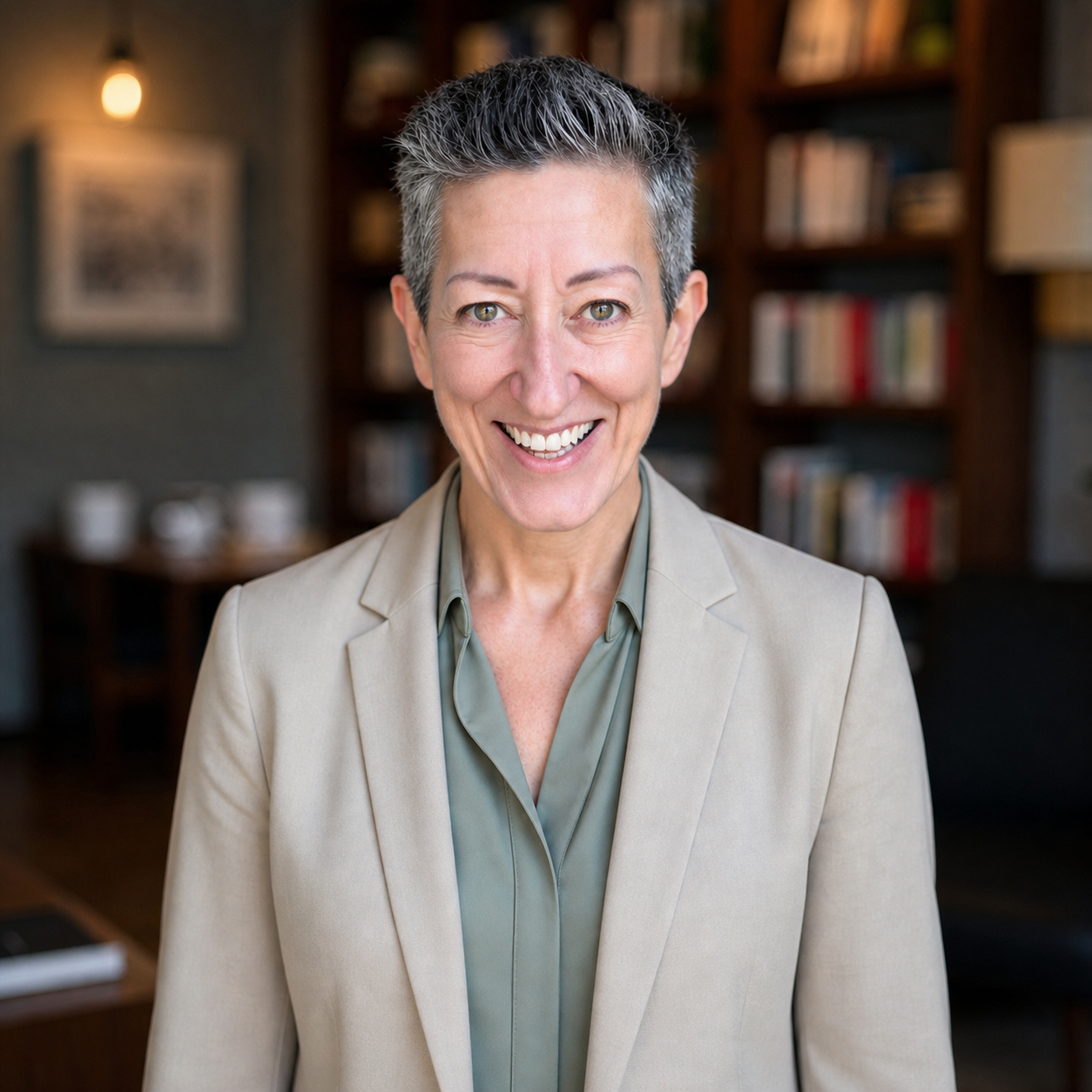 Mature female VA-accredited disability advocate in her fifties with short silver hair wearing a tan blazer in a warm professional office portrait