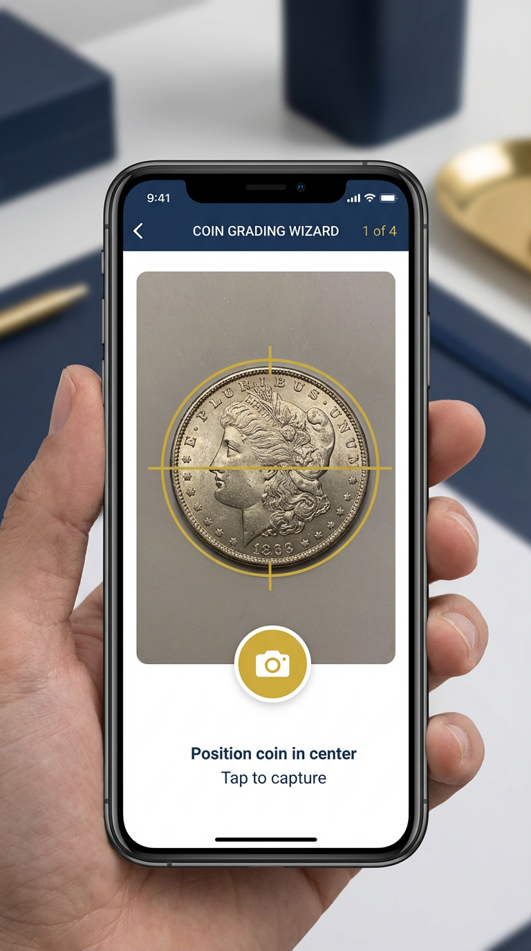 CoinSensei coin grading wizard interface showing step-by-step photo capture process for AI coin analysis