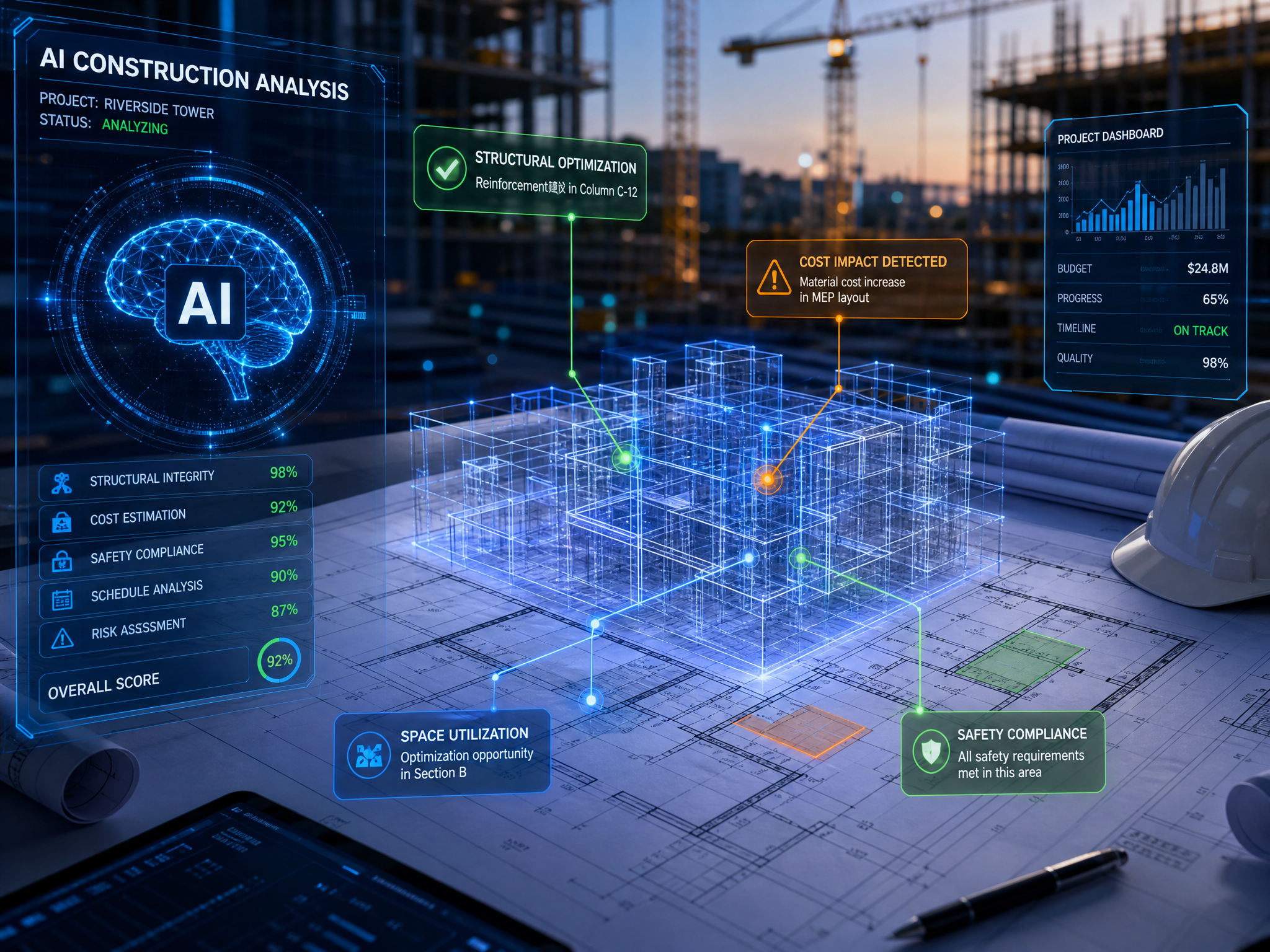 Inteligência Artificial analisando planta de obra com dados em tempo real