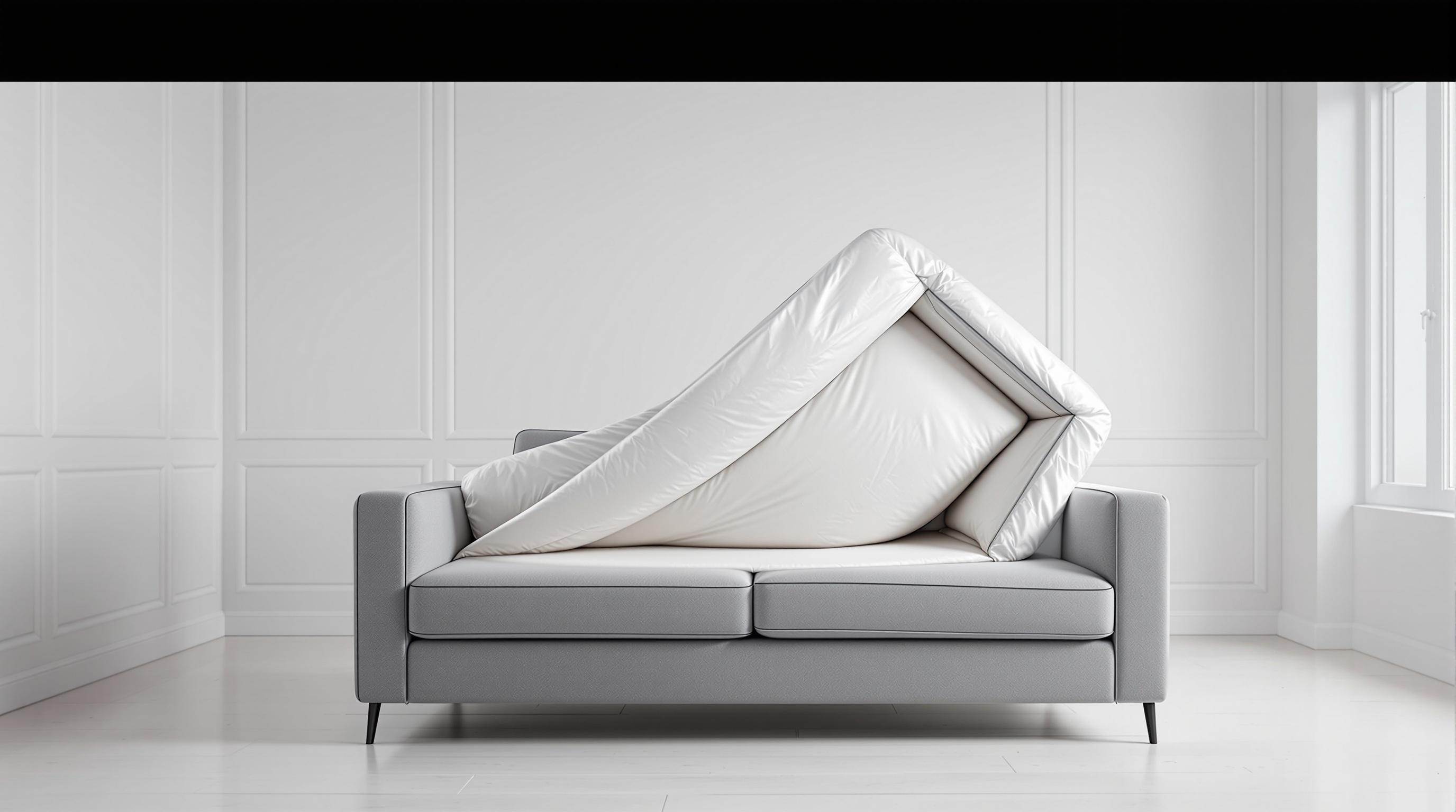 Sofá expandindo da embalagem a vácuo em sala de estar moderna