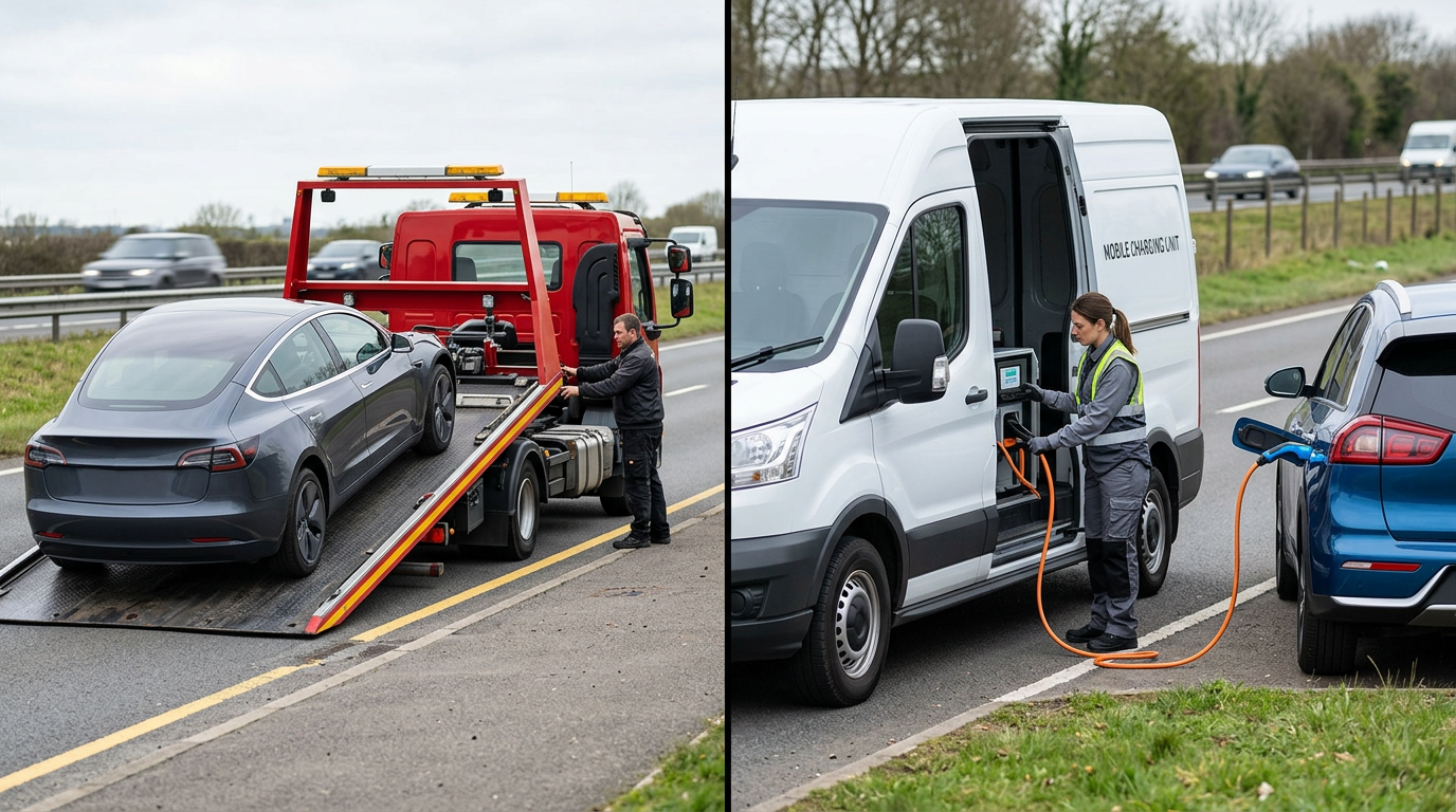 Mobile EV charging versus towing comparison