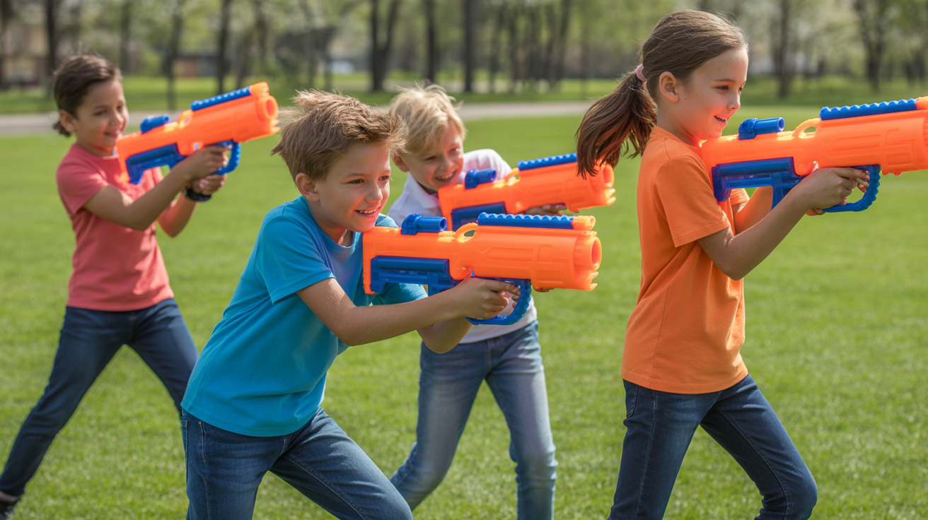 Children playing Nerf blasters outdoors