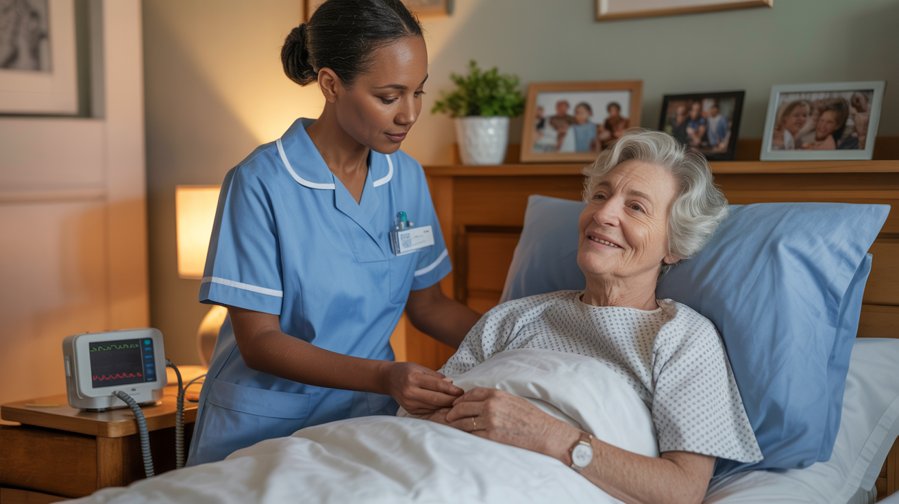 Professional nurse providing hospital-level care to senior patient in comfortable home setting