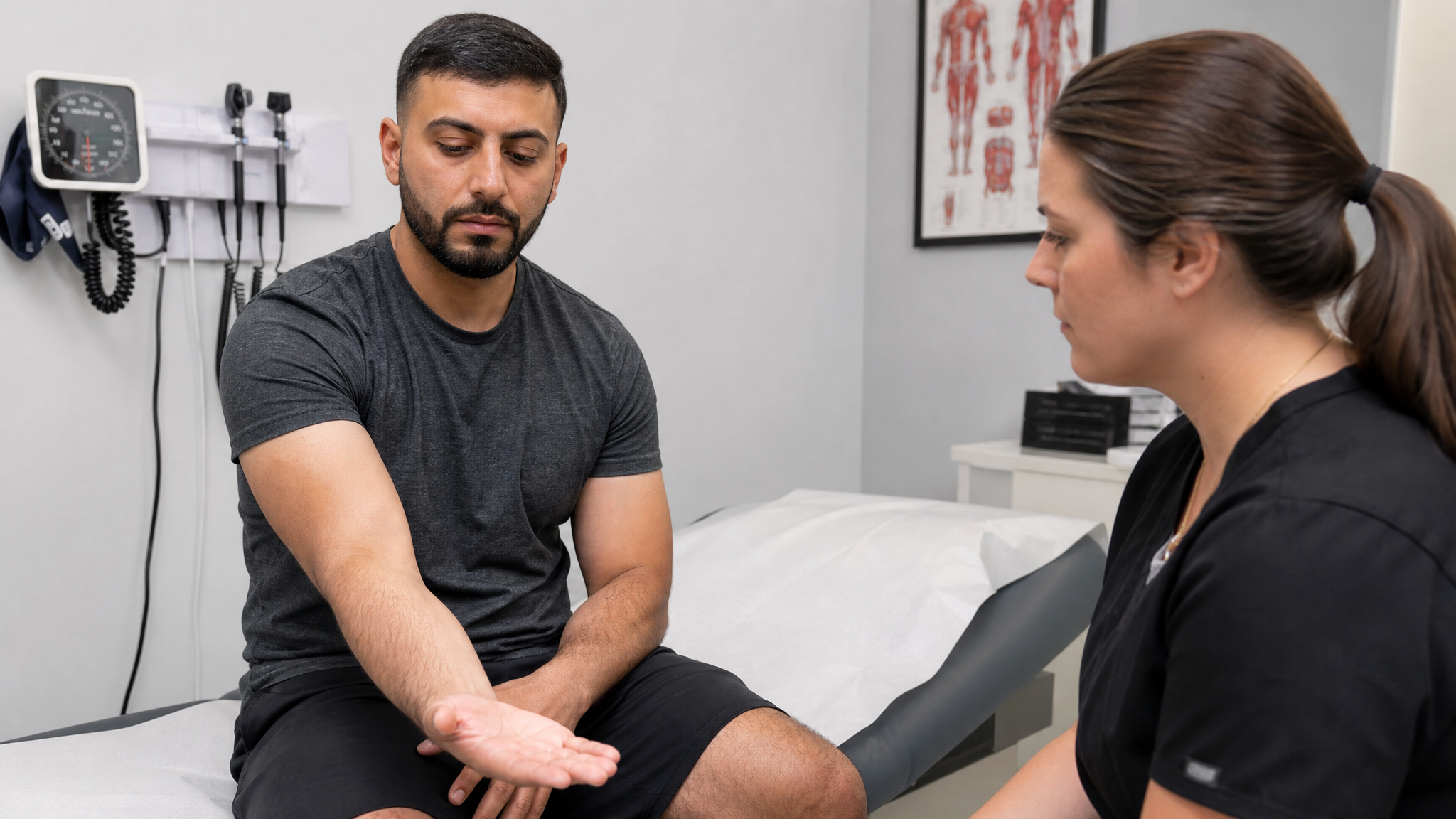 A veteran in an exam room attempting to rotate his forearm into supination but unable to complete the full palm-up motion