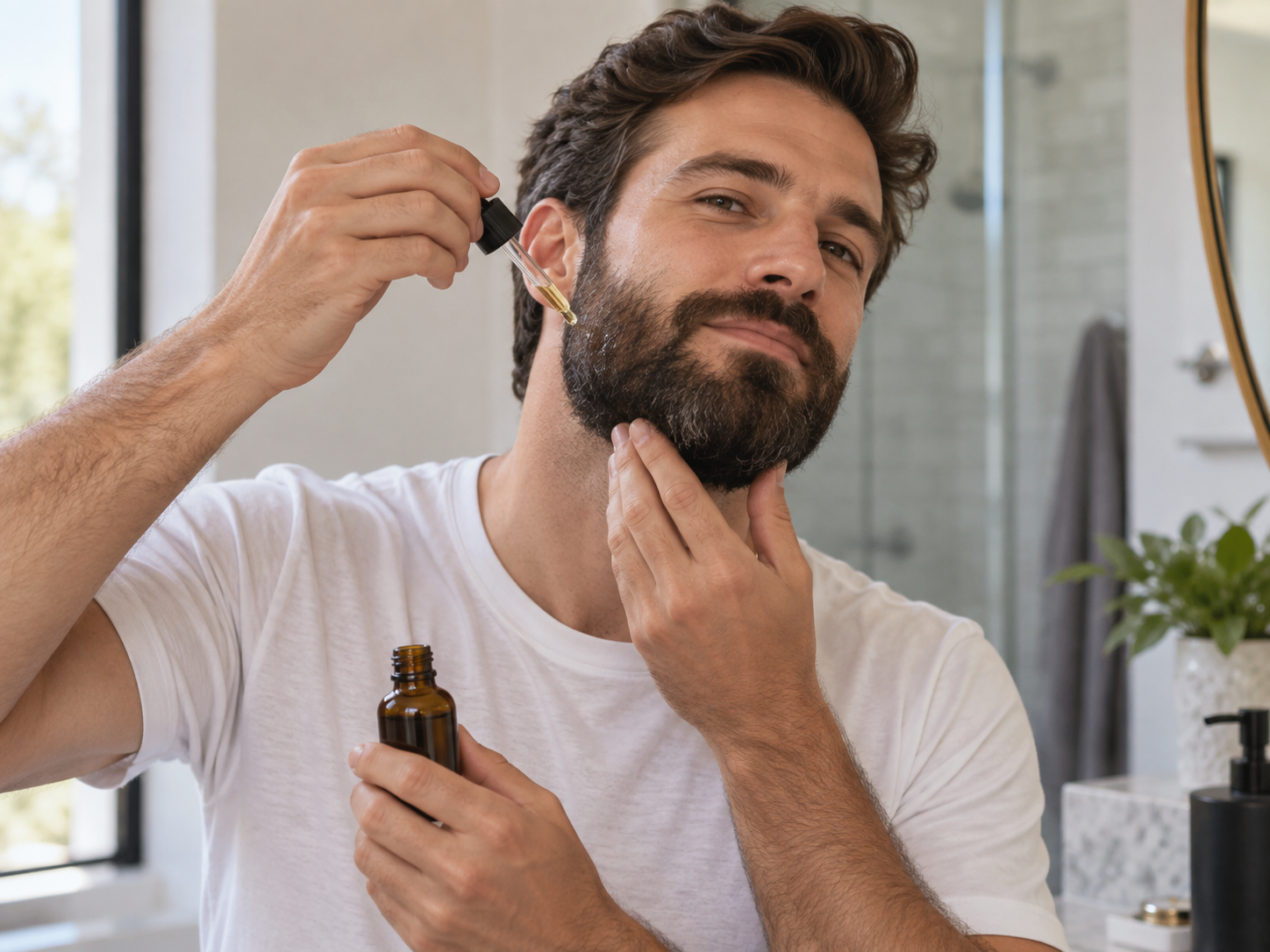 Man applying CBD beard oil as part of his daily grooming routine
