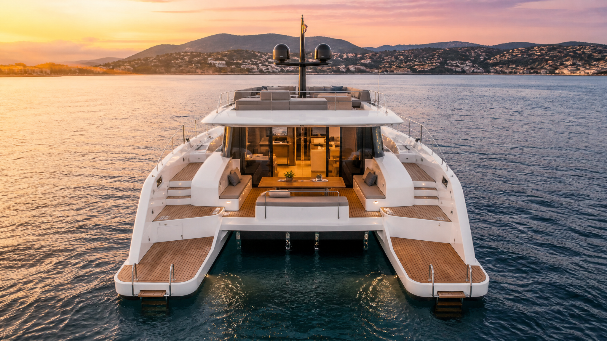 Elysor 50 seen from astern with the aft cockpit and swim platform at golden hour