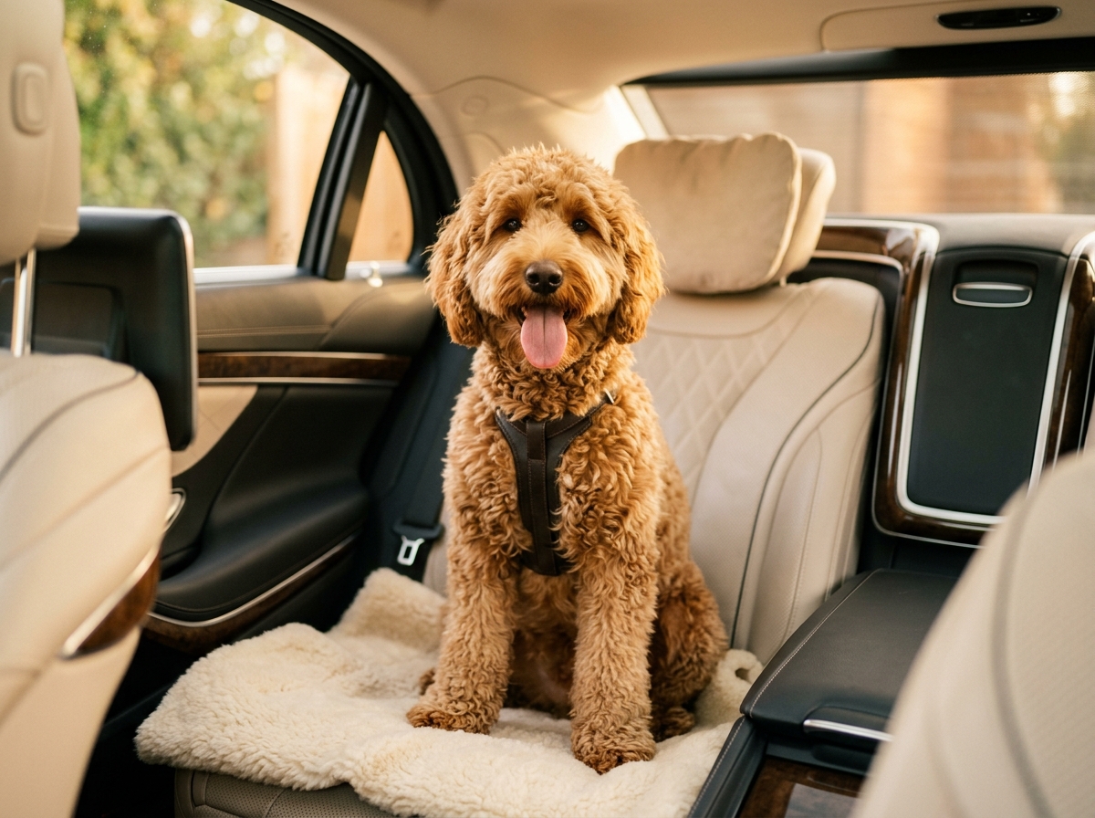 Happy goldendoodle sitting in a car, warm professional pet photography