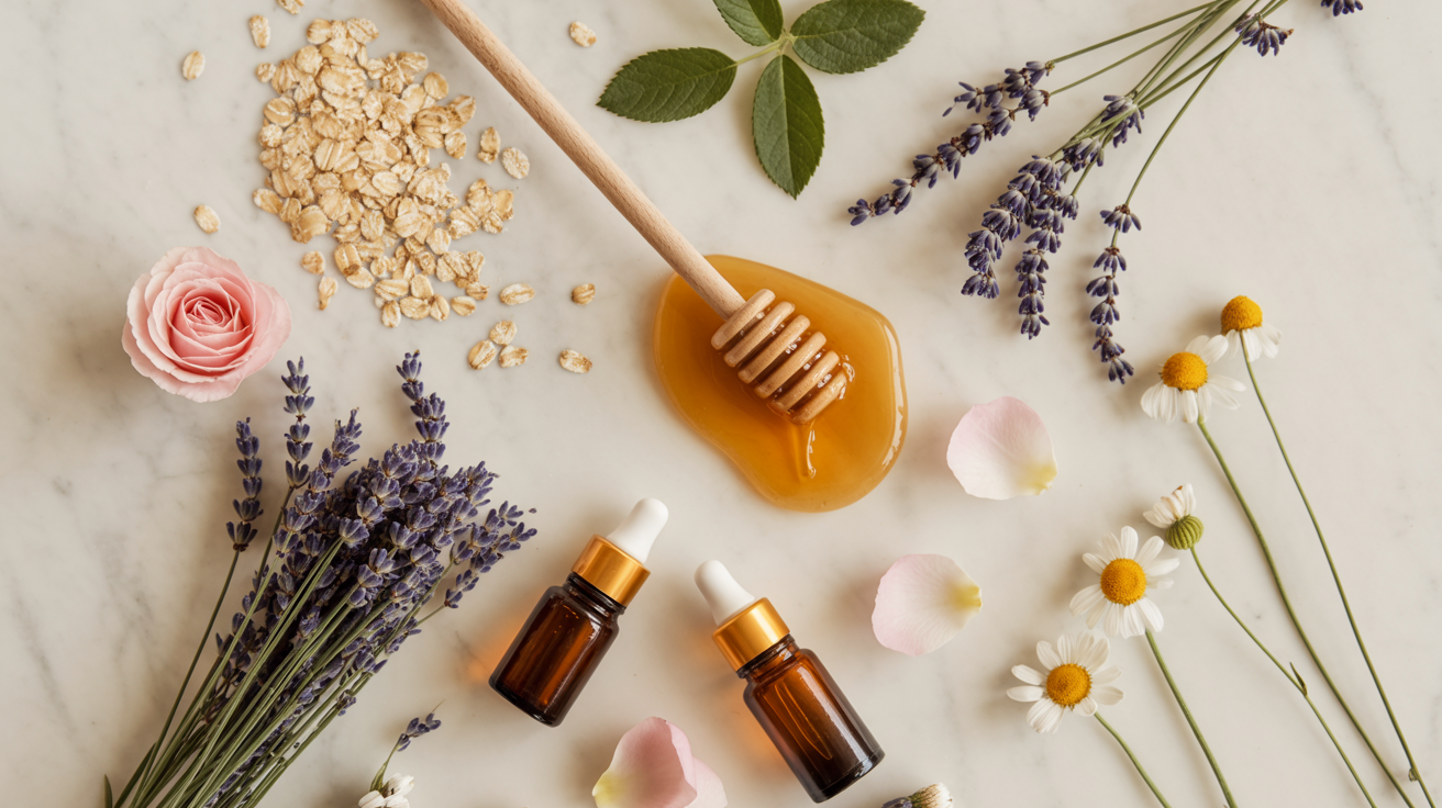 Natural skincare ingredients like honey, lavender, and essential oils arranged on marble