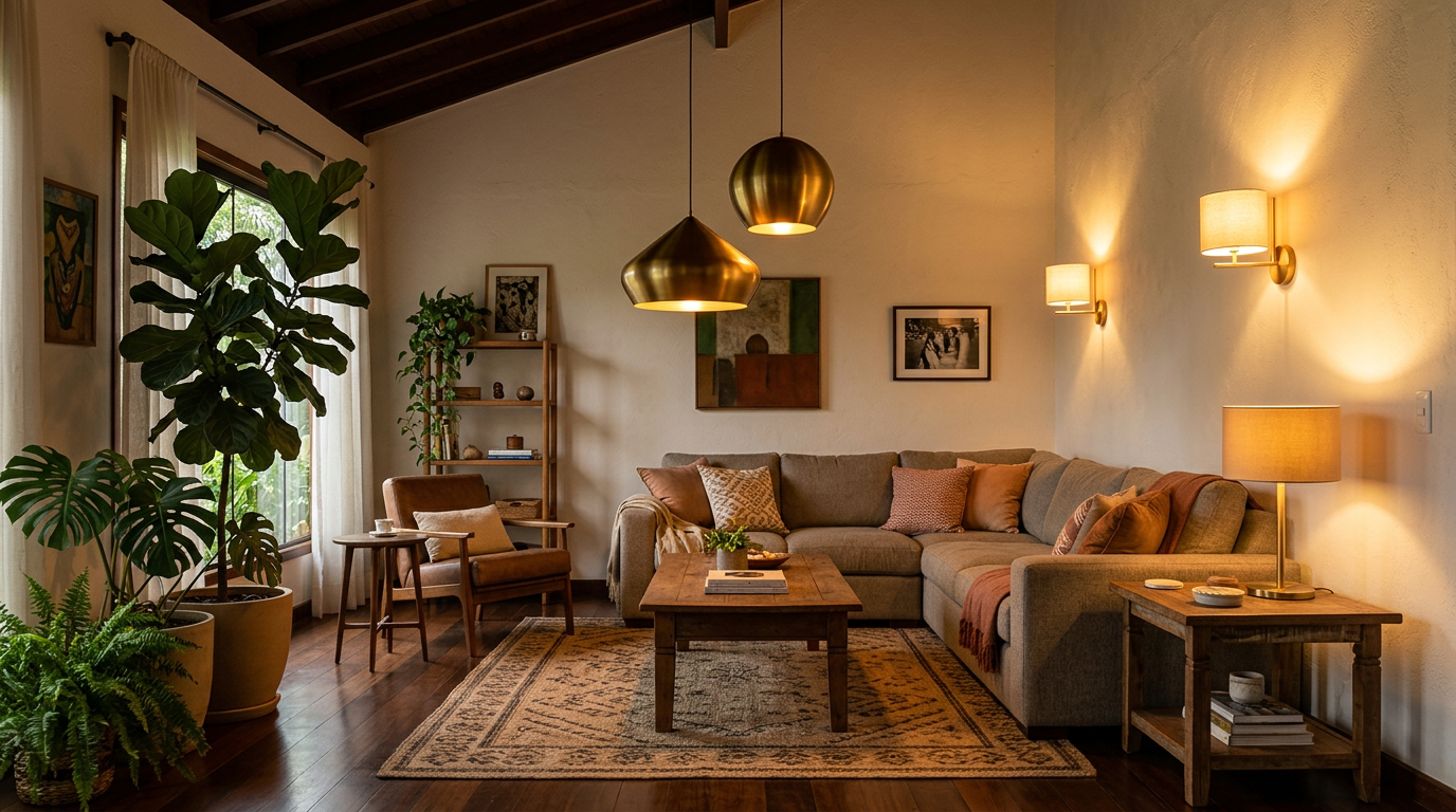 Sala com iluminação aconchegante e decoração elegante