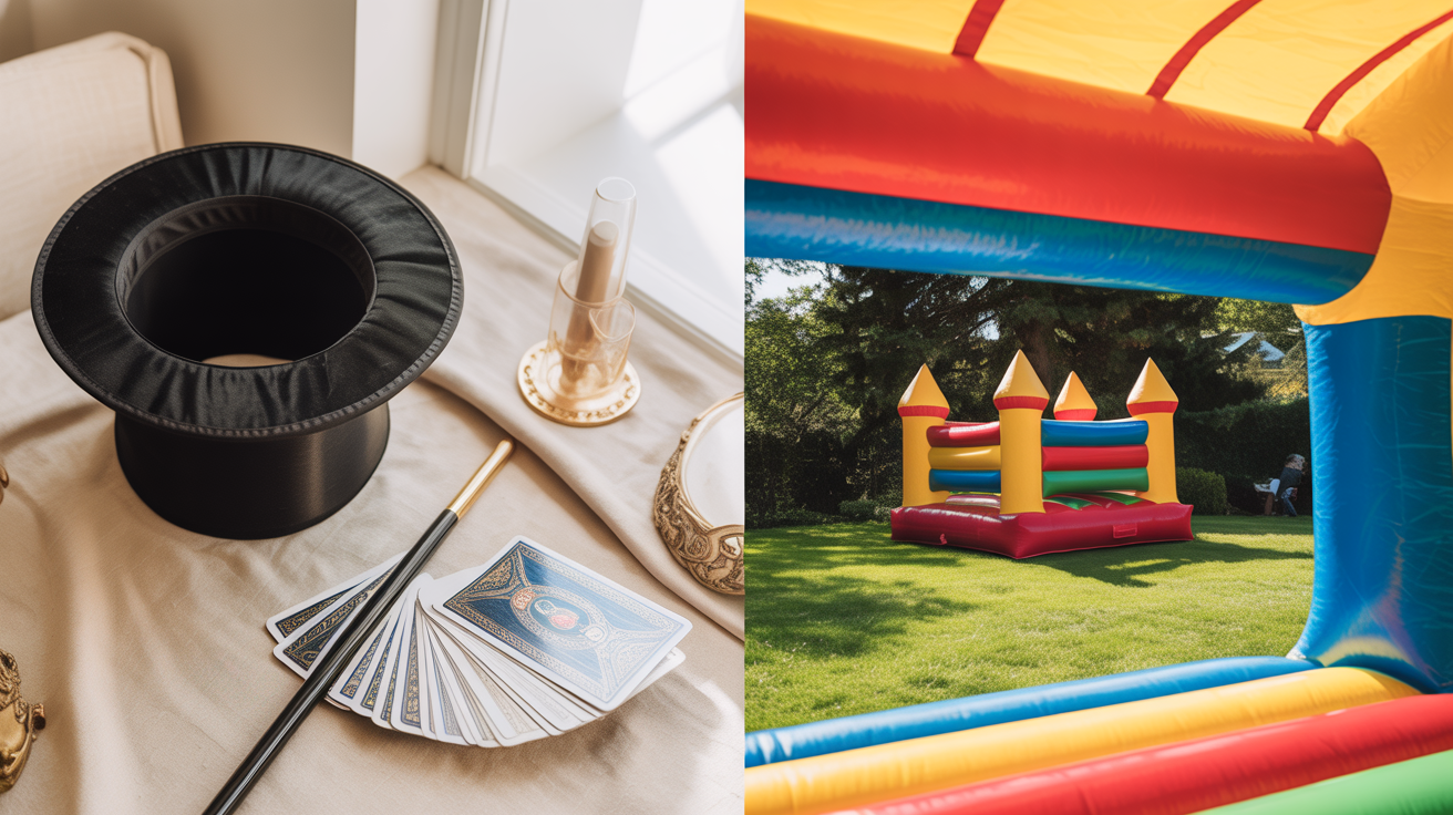 Split composition showing a magician's top hat and playing cards on one side and a colourful bouncy castle in a sunny garden on the other