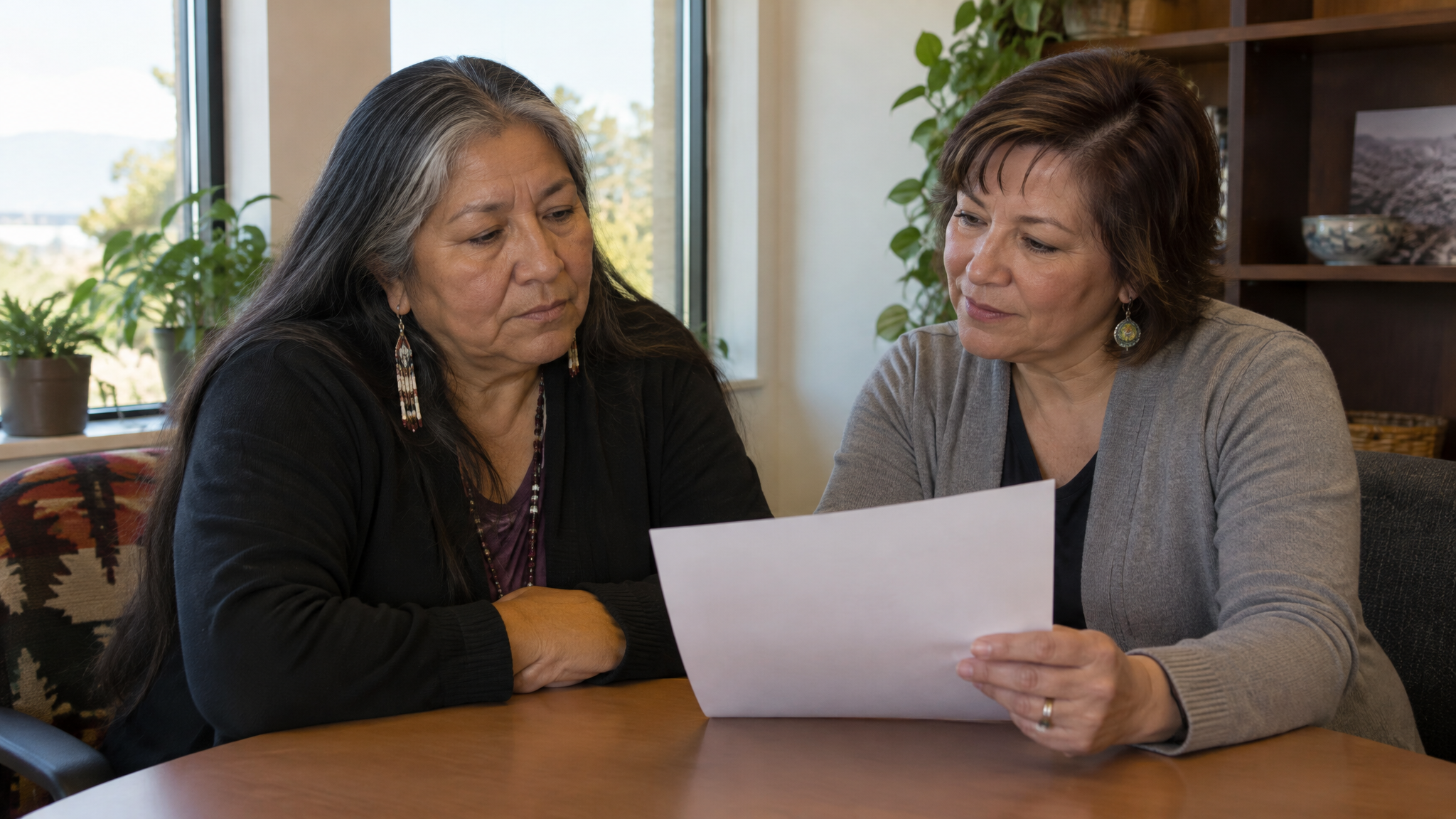 A woman veteran reviewing a plain letter with a female advocate at a small office table