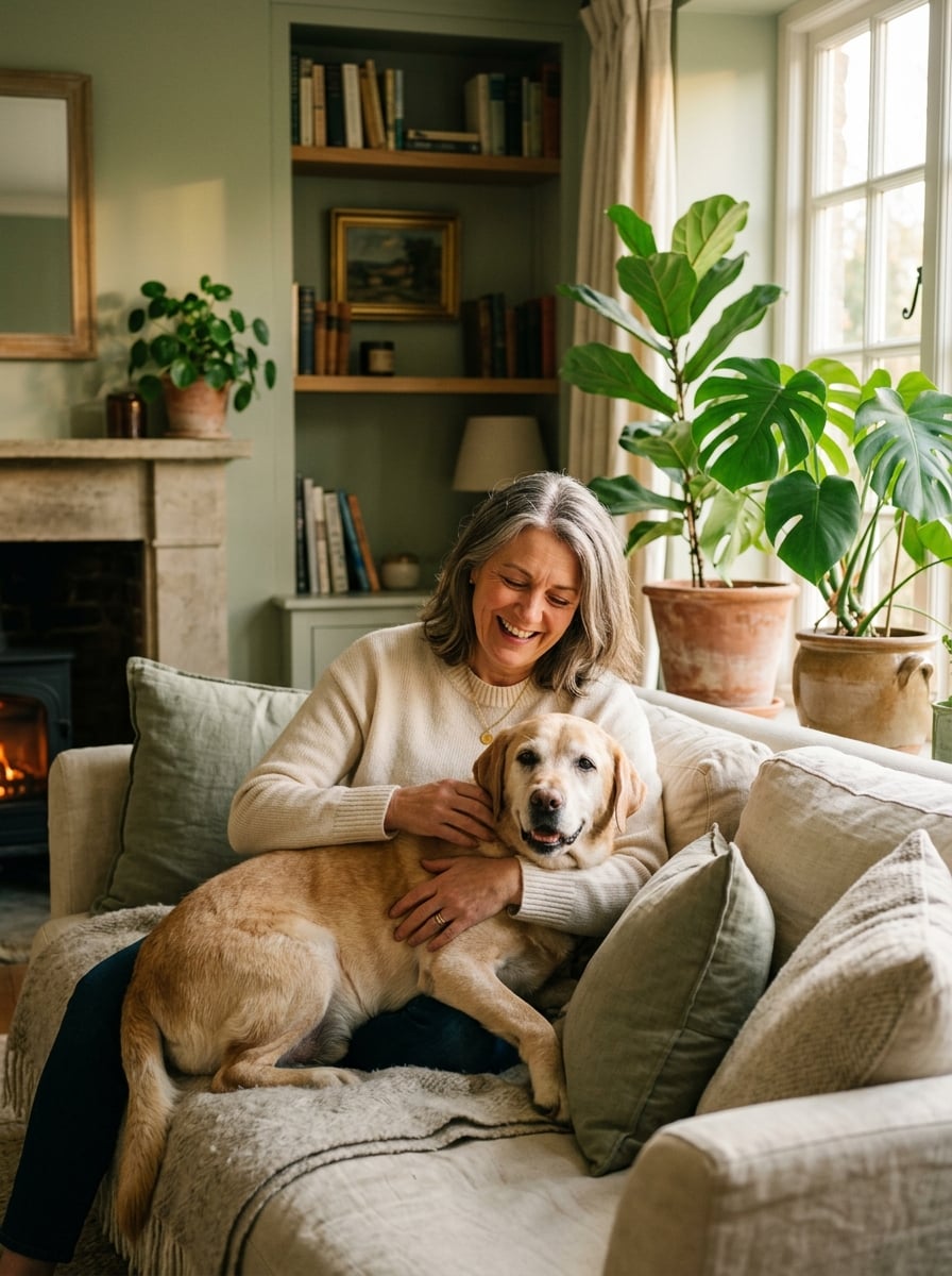 Founder of The Wellness Paw cuddling her senior Labrador on a sofa