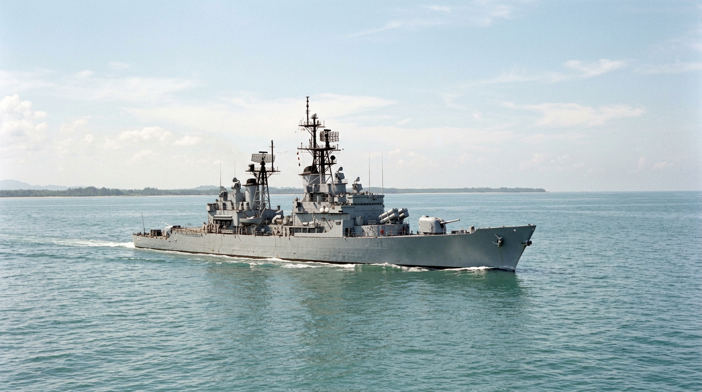 A Vietnam War-era U.S. Navy destroyer underway in the coastal waters off Vietnam, with the shoreline faintly visible on the horizon